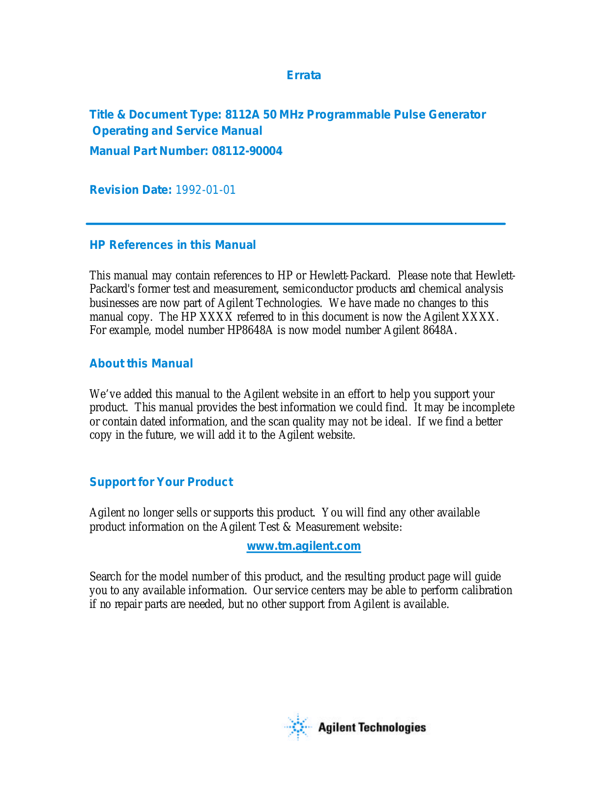 Agilent Technologies 08112-90004 User Manual