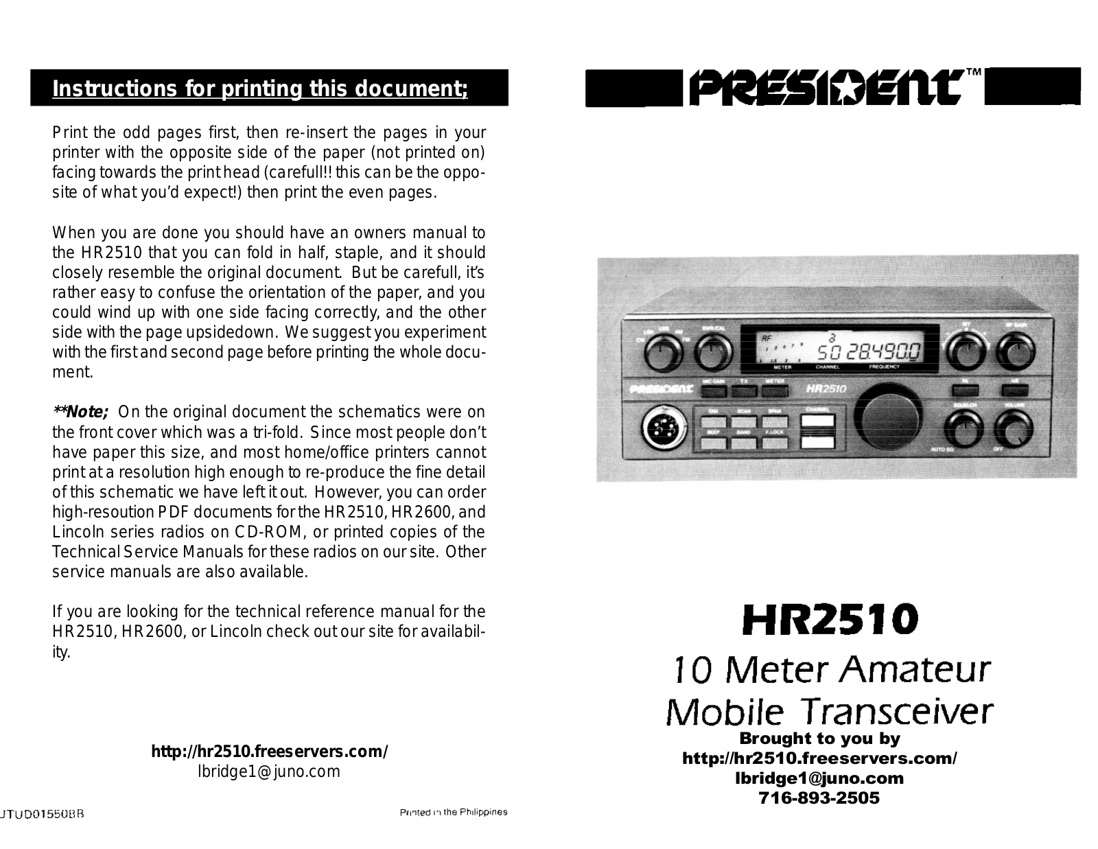 UNIDEN PRESIDENT HR2510 User Manual