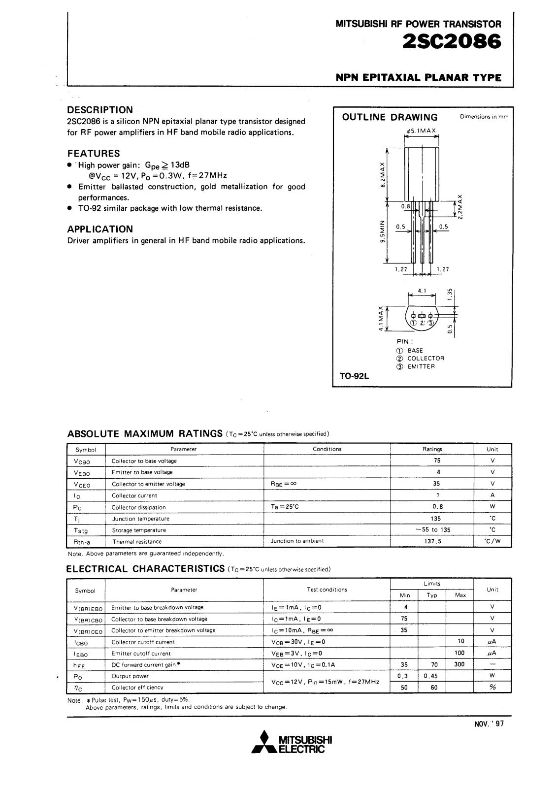 Mitsubishi Electric Corporation Semiconductor Group 2SC2086 Datasheet