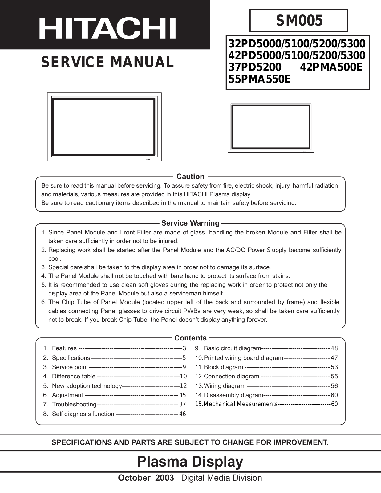 Hitachi 55PMA550E, 42PMA500E, 37PD5200, 42PD5300, 42PD5200 Service Manual