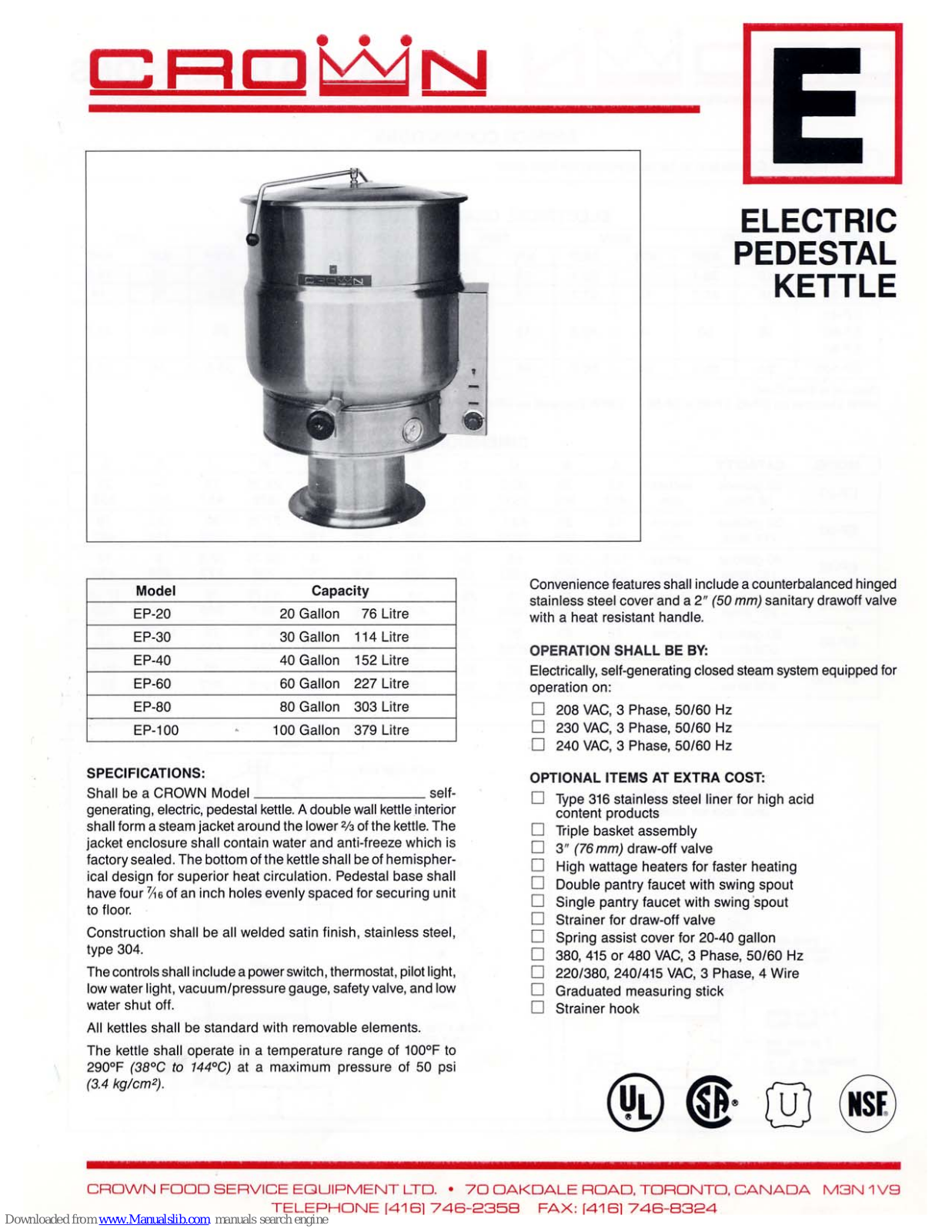 Crown EP-10, EP-30, EP-20, EP-40, EP-60 Specification Sheet