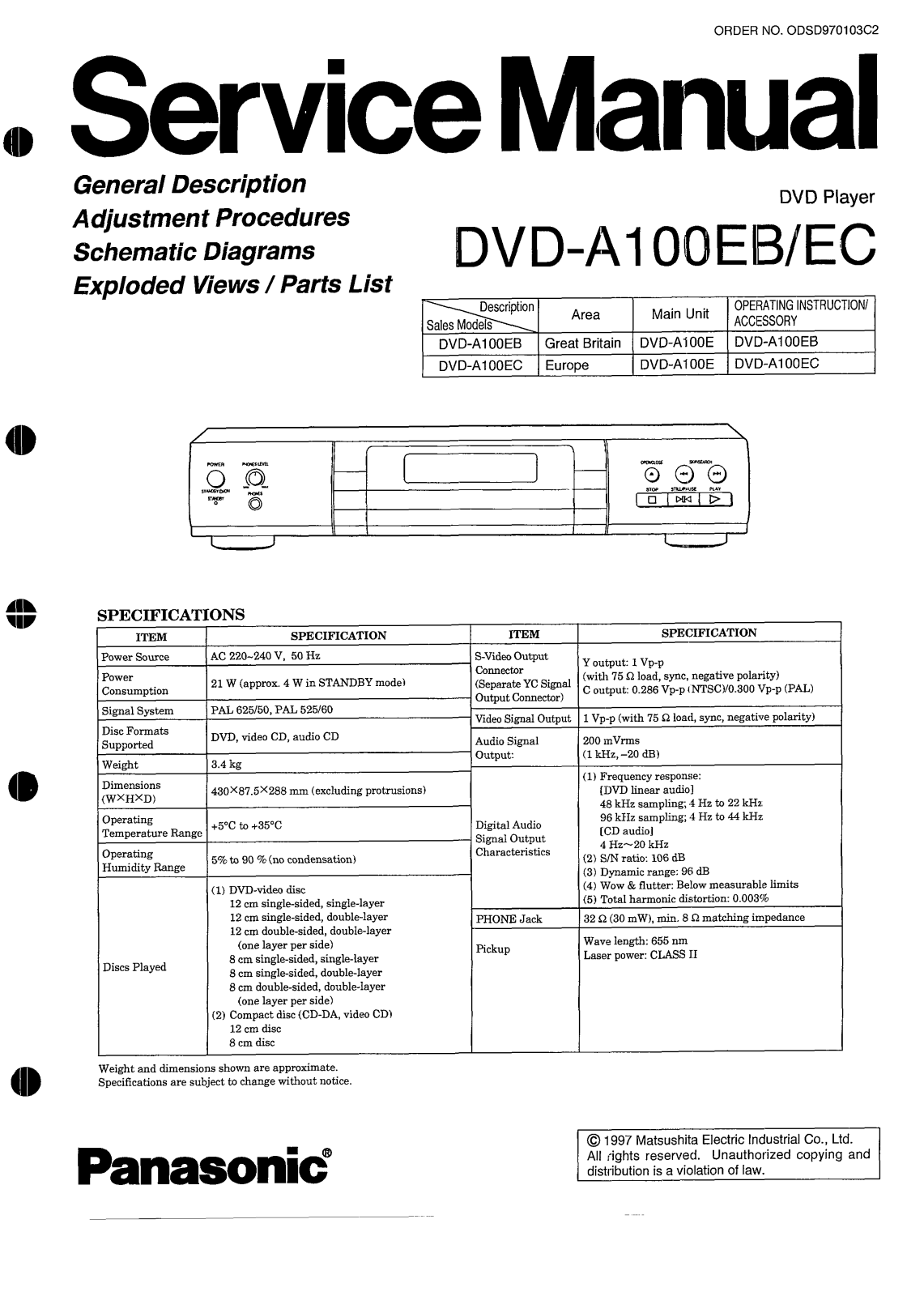 Panasonic DVDA-100 Service manual