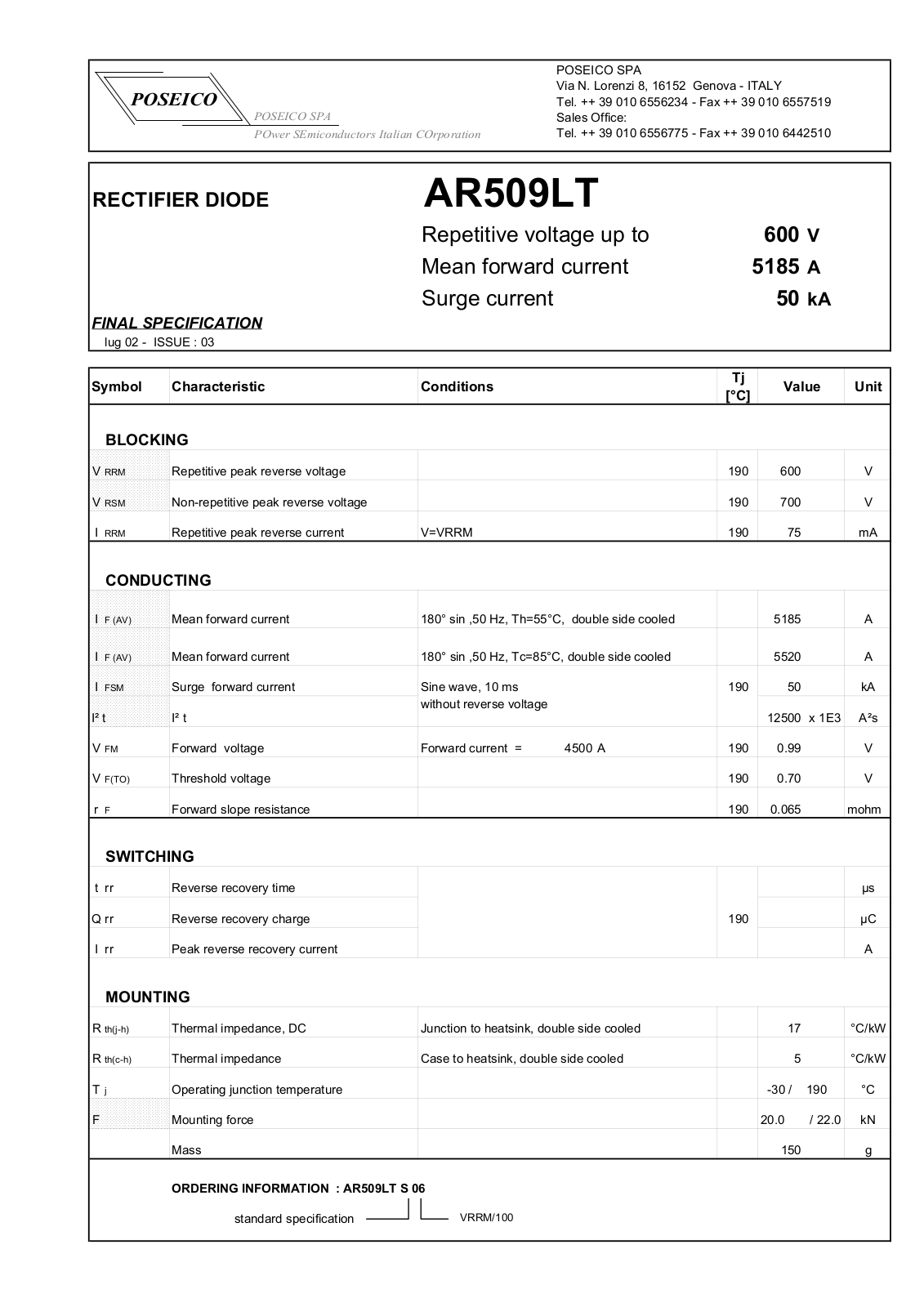 POSEICO AR509LTS06 Datasheet