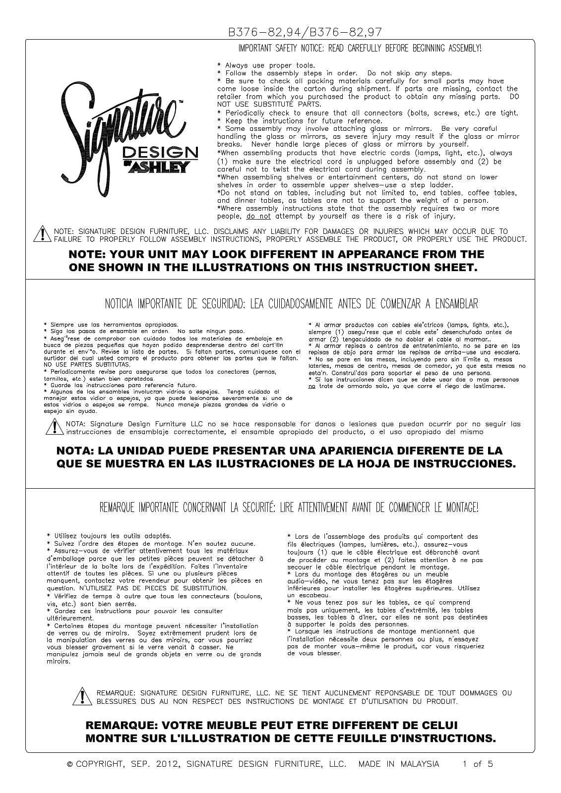 Ashley B3768294, B3768297 Assembly Guide