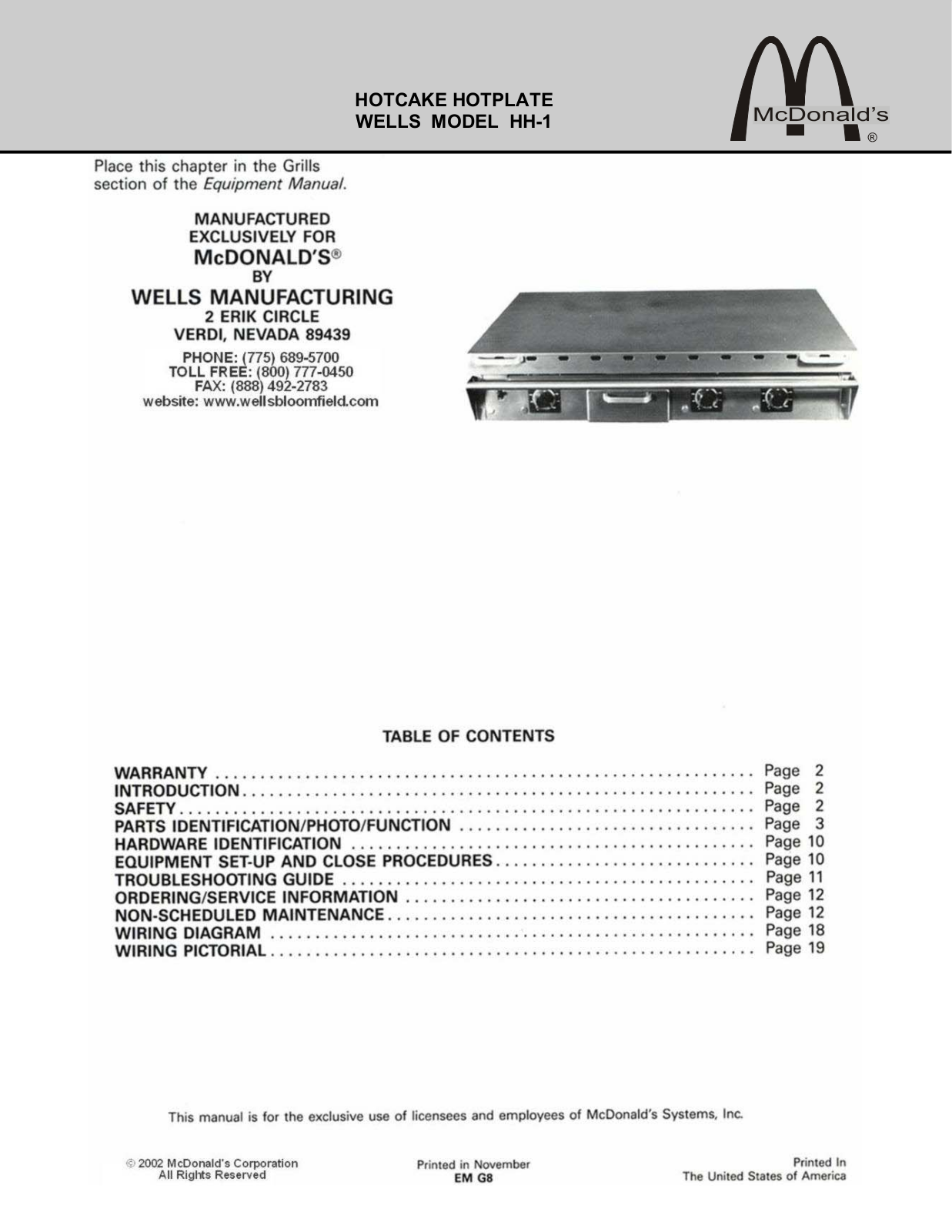 Wells HH-1 Installation  Manual