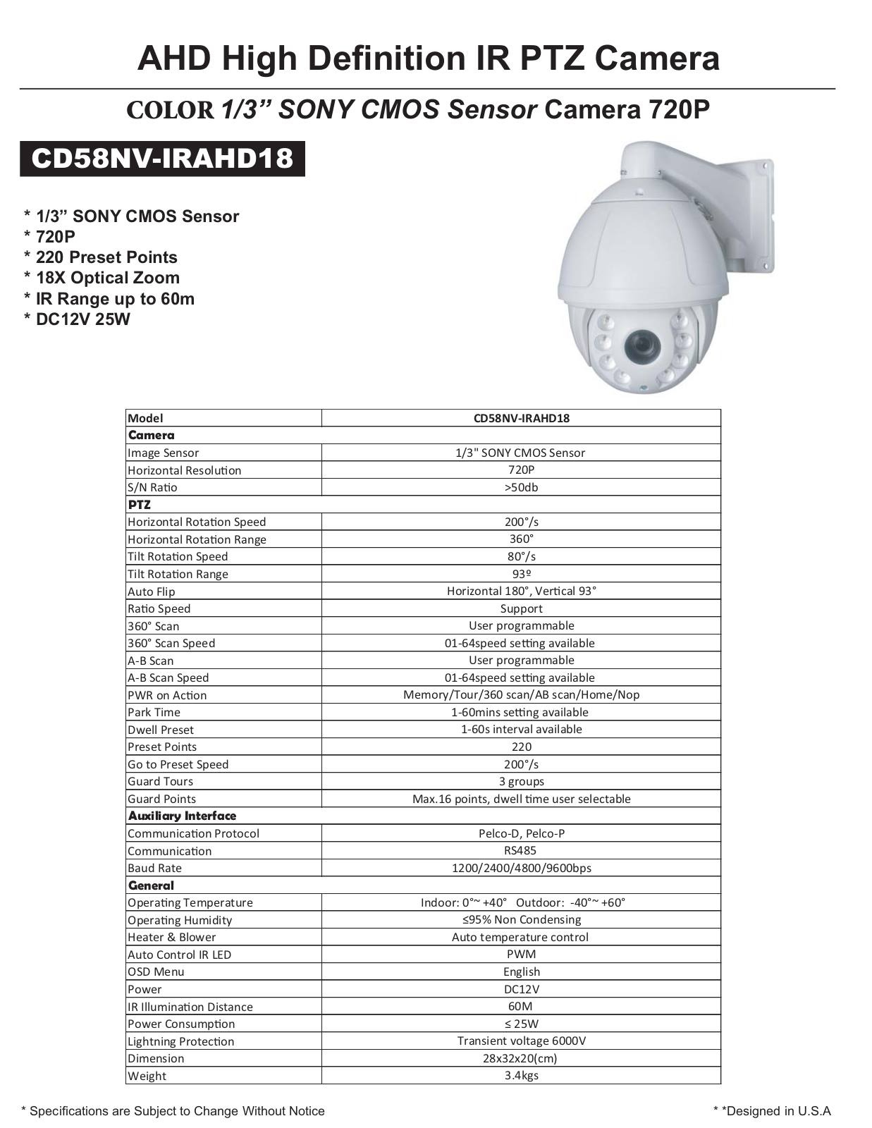 COP-USA CD58NV-IRAHD18 Specsheet