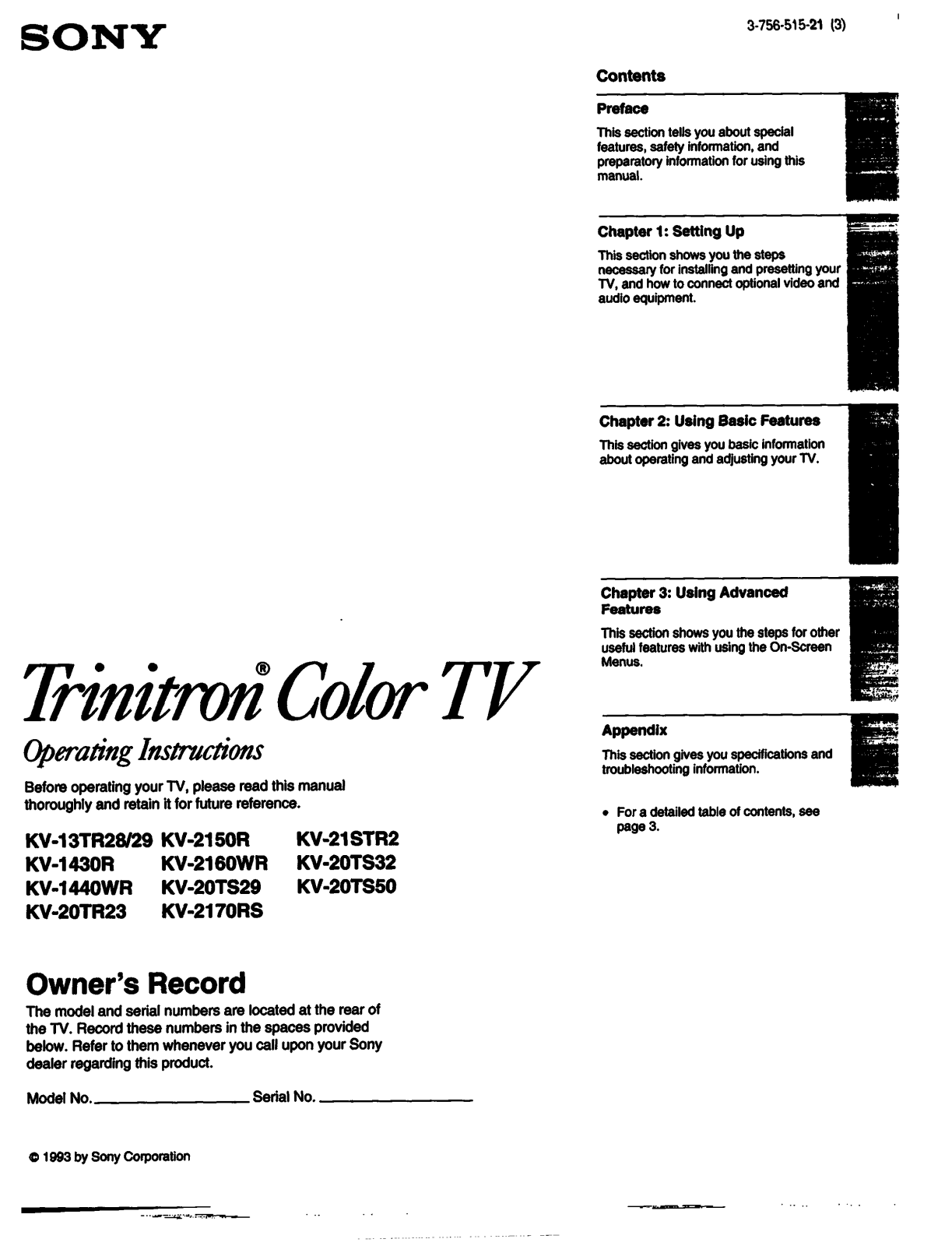 Sony KV-13TR29 Primary User Manual