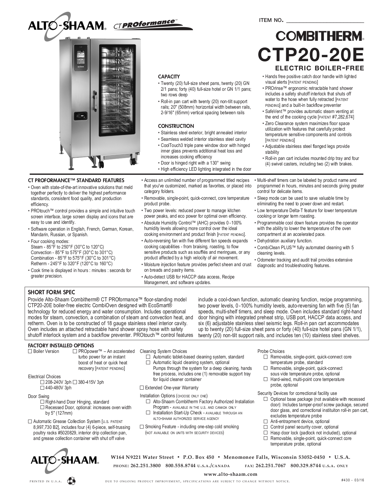 Alto Shaam CTP20-20E User Manual