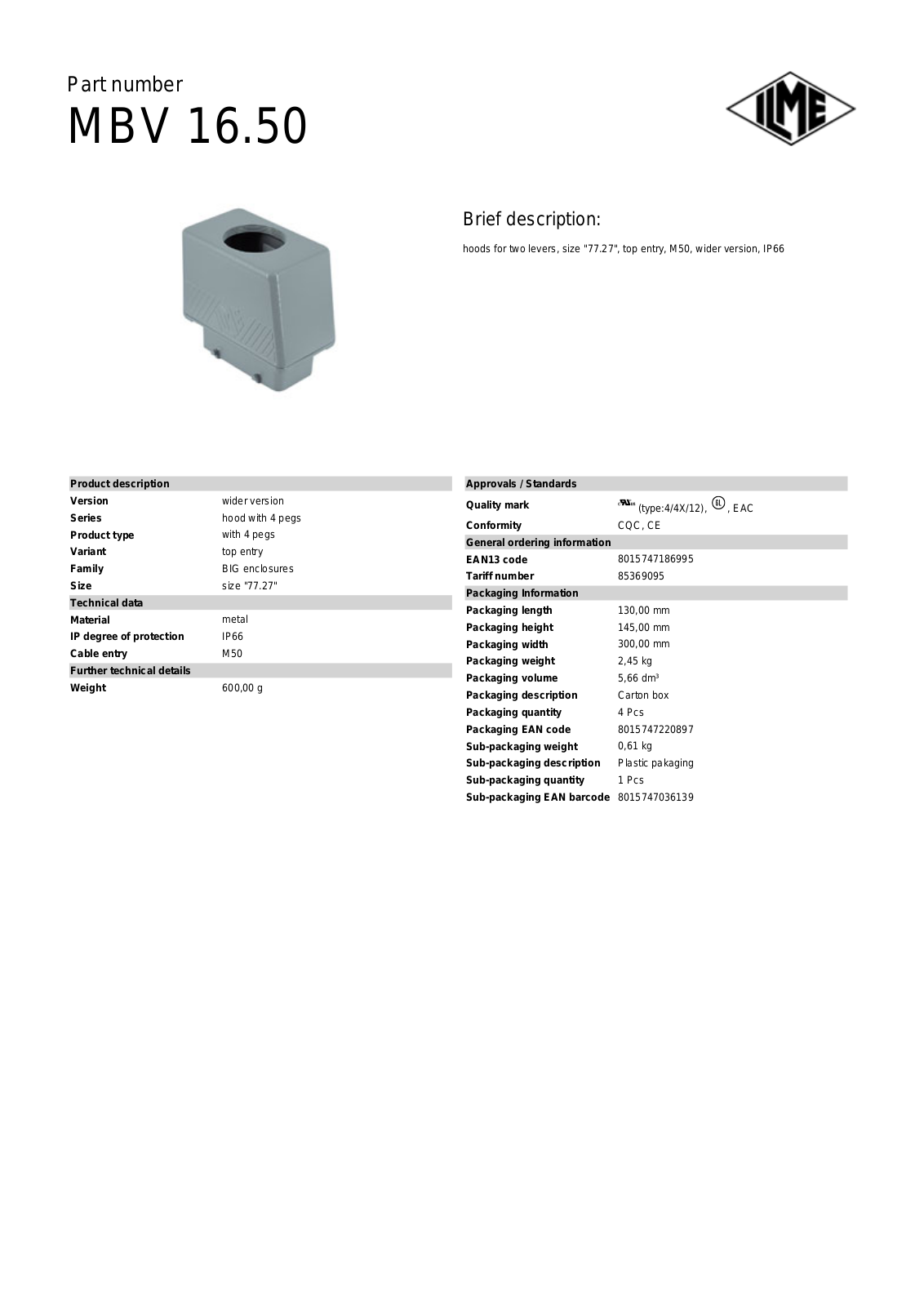 ILME MBV-16.50 Data Sheet