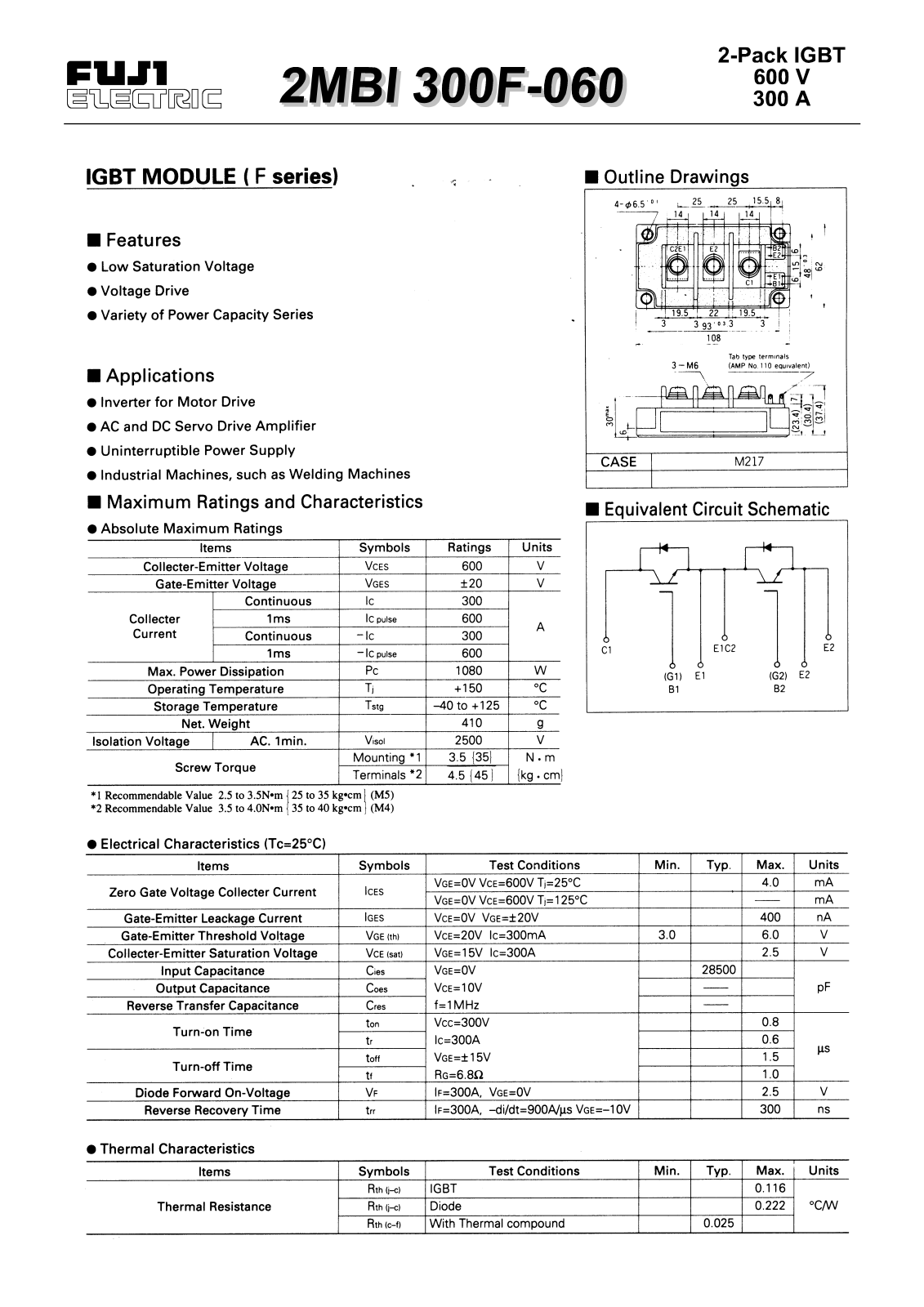 Fuji Electric 2MBI300F-060 Data Sheet