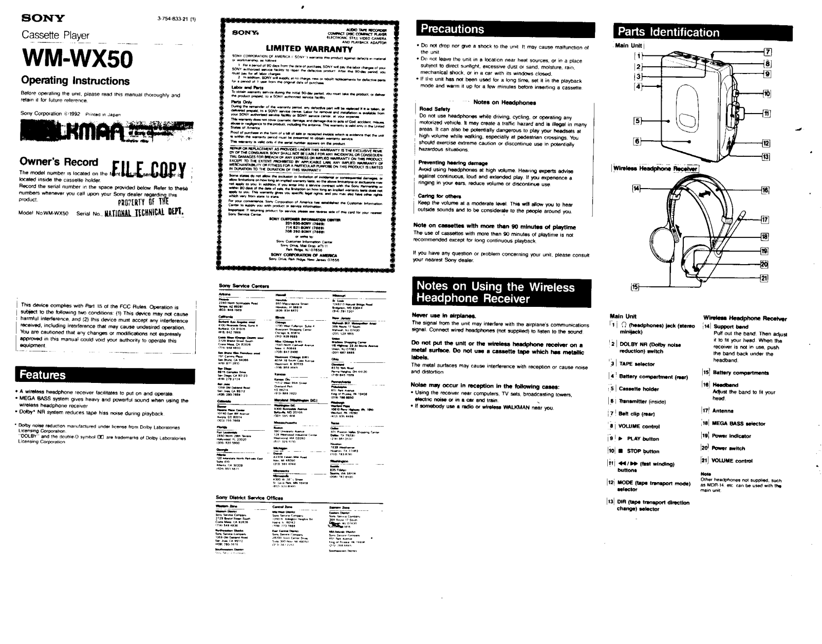 Sony WM-WX50 User Manual