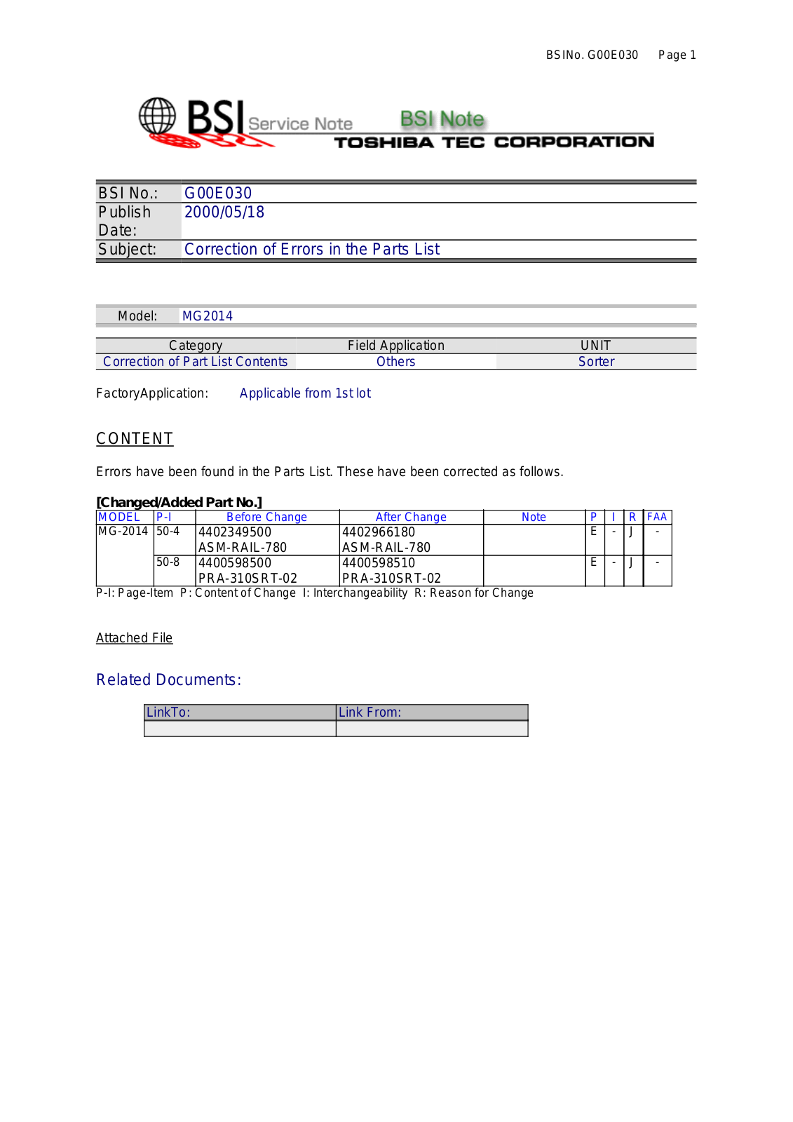 Toshiba G00E030 Service Note