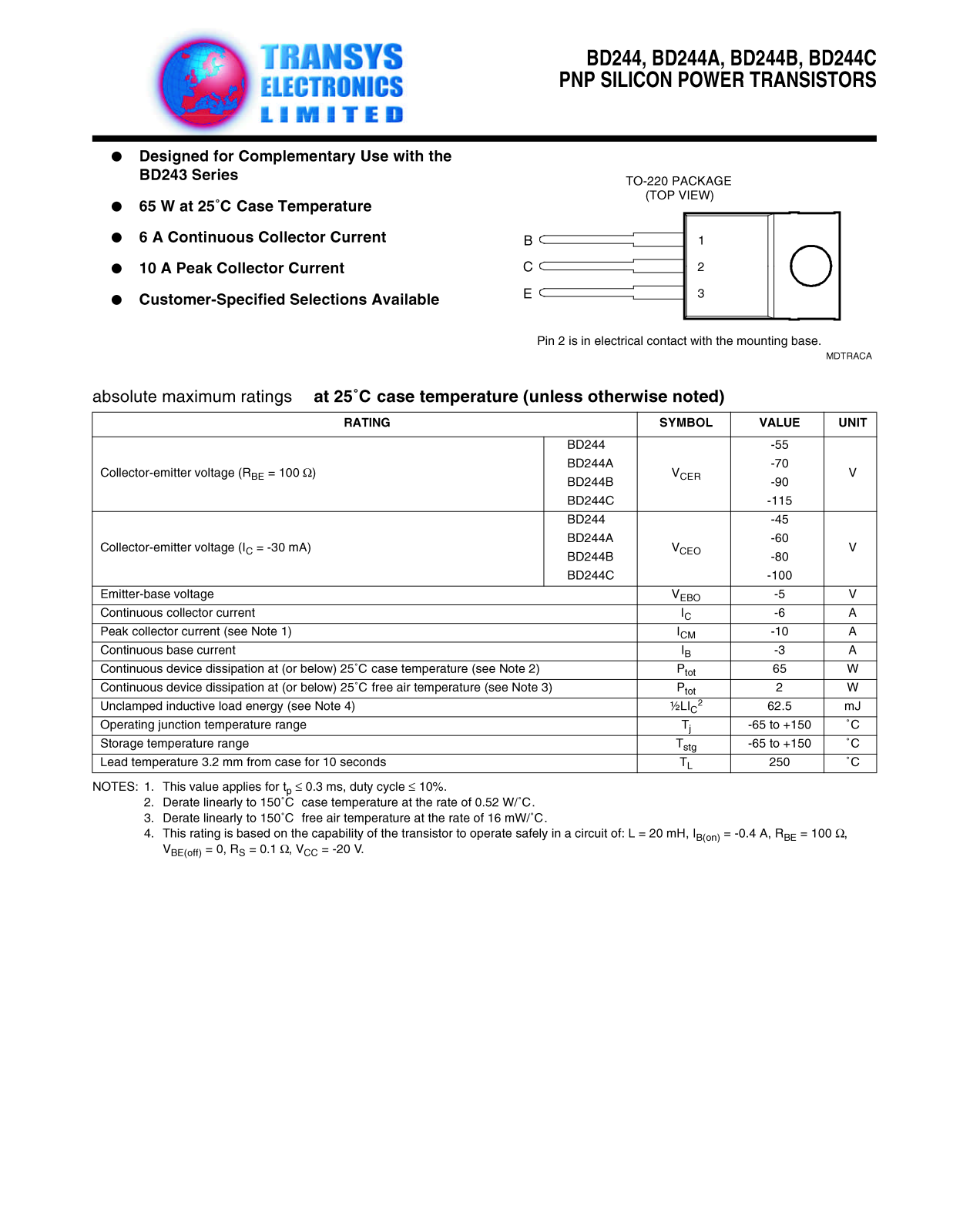 TEL BD244C, BD244C, BD244B, BD244B, BD244A Datasheet