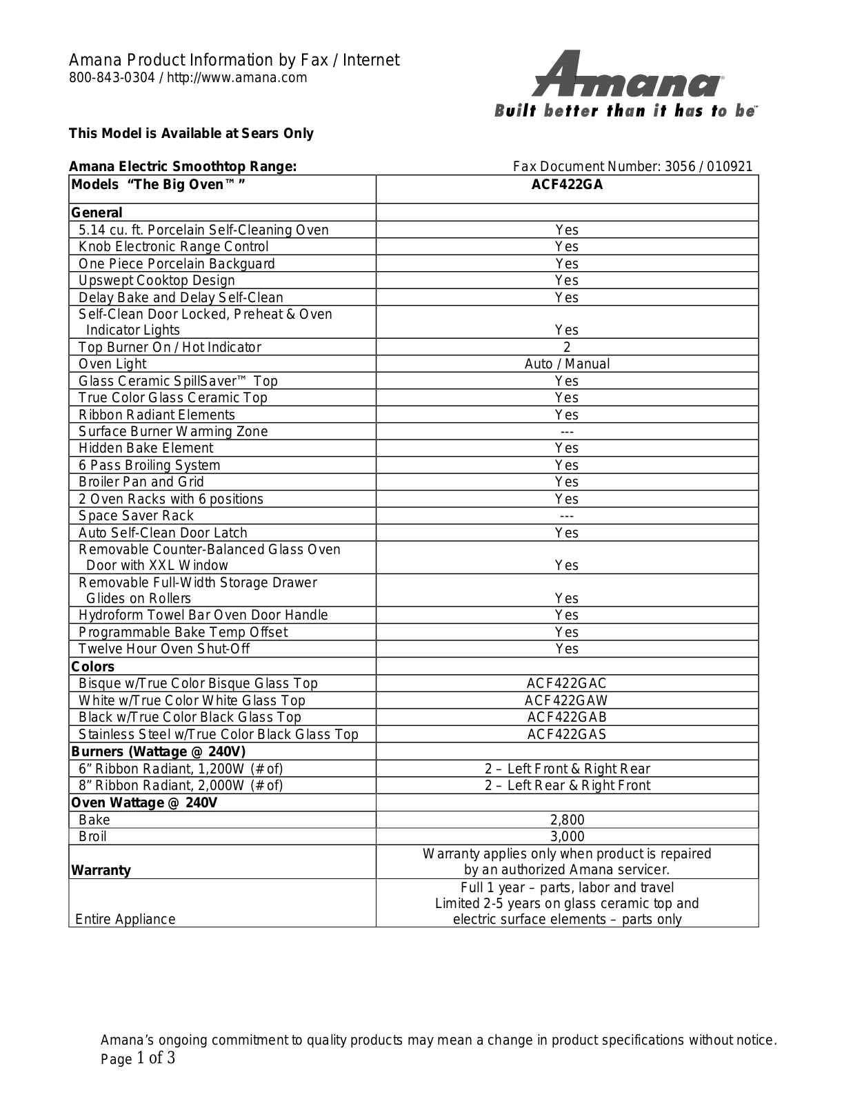 Amana ACF422GAB, ACF422GAC, ACF422GAS, ACF422GAW Specification Sheet