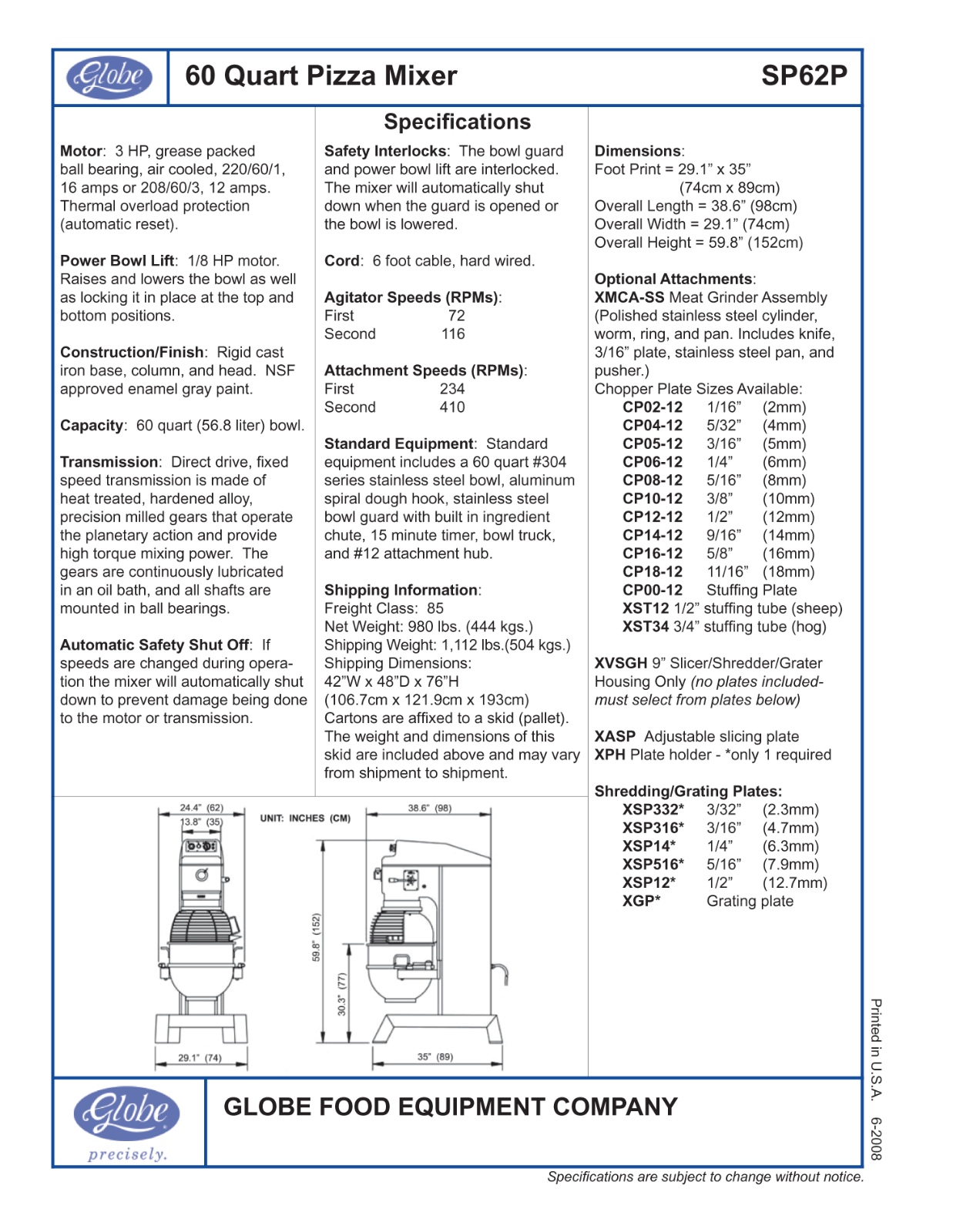 Globe Food Equipment SP62P General Manual