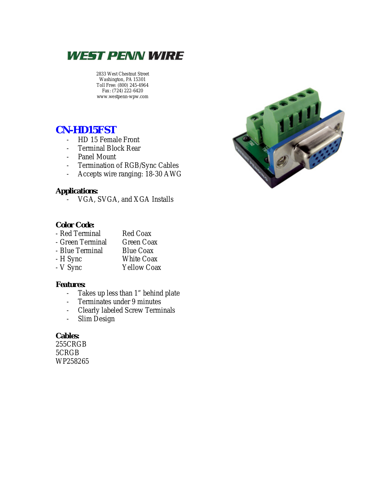 West Penn CN-HD15FST Specsheet