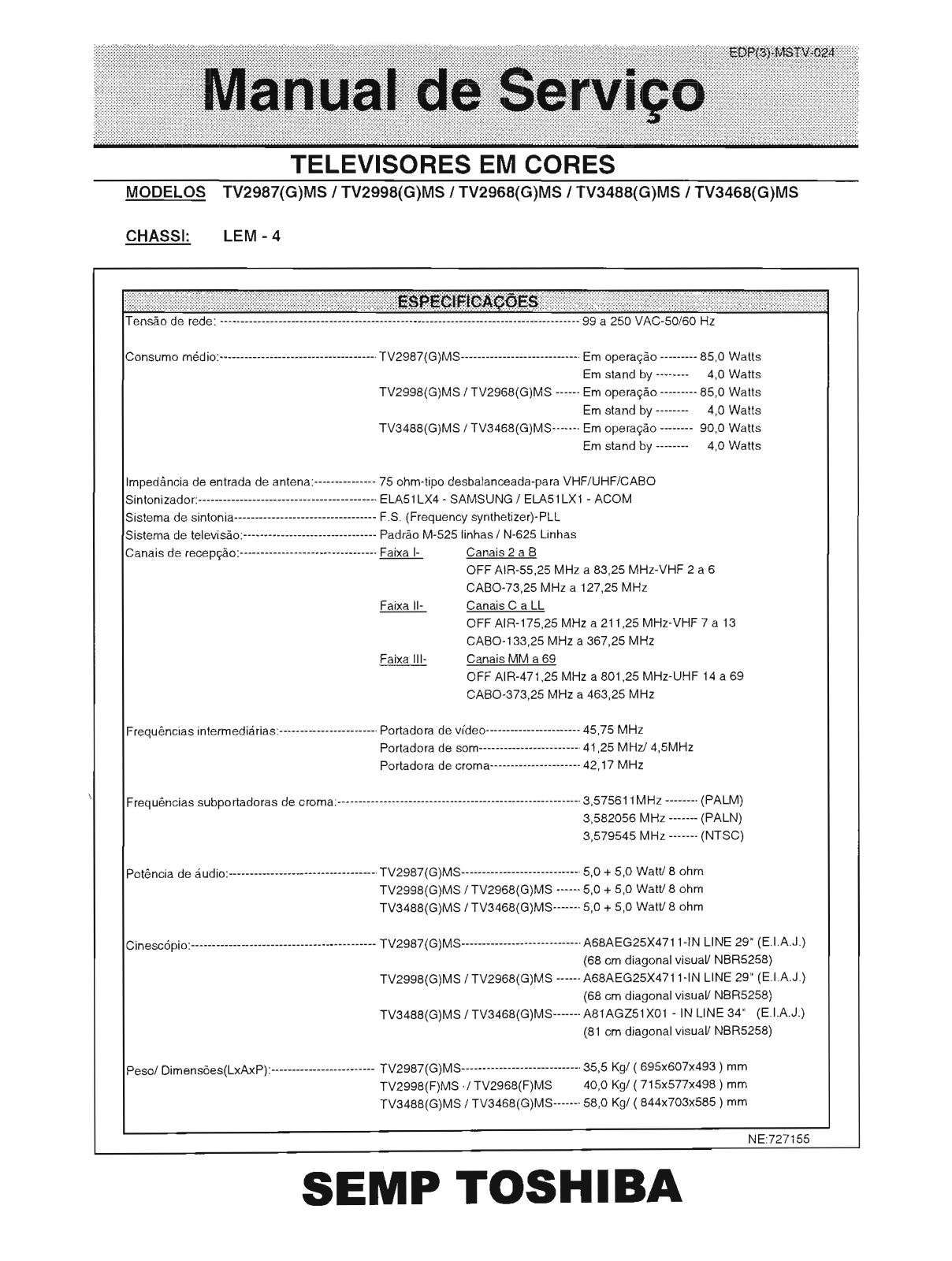 Toshiba TV2987MS, TV2998MS, TV2968MS, TV3488MS, TV3468MS Service Manual