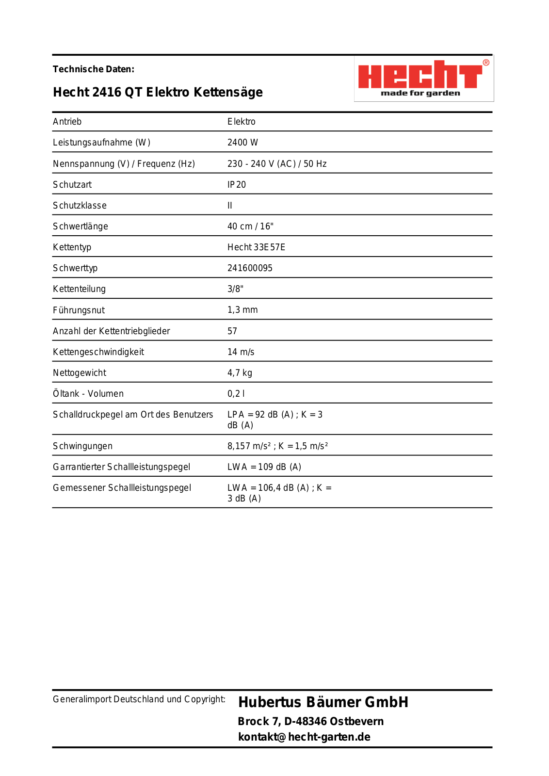 Hecht 2416 QT Technical data