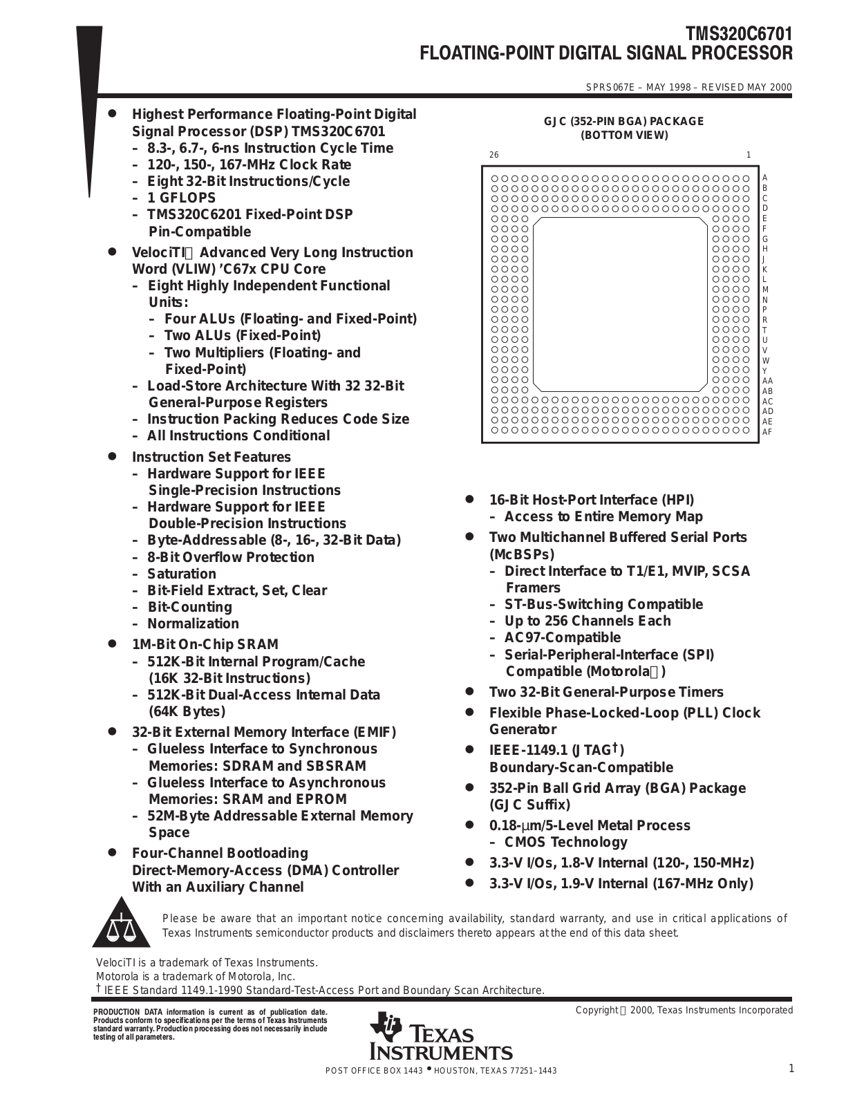 Texas Instruments TMSC6701GJC16719V, TMS320C6701GJCA120, TMS320C6701GJC150 Datasheet