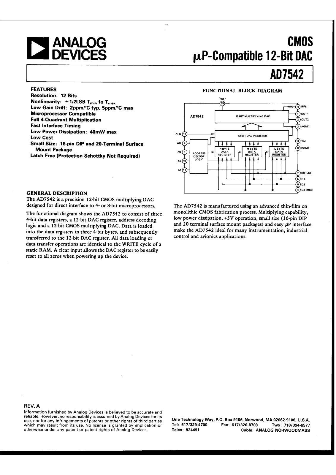 Analog Devices AD7542TE, AD7542SQ, AD7542SE, AD7542KP, AD7542KN Datasheet