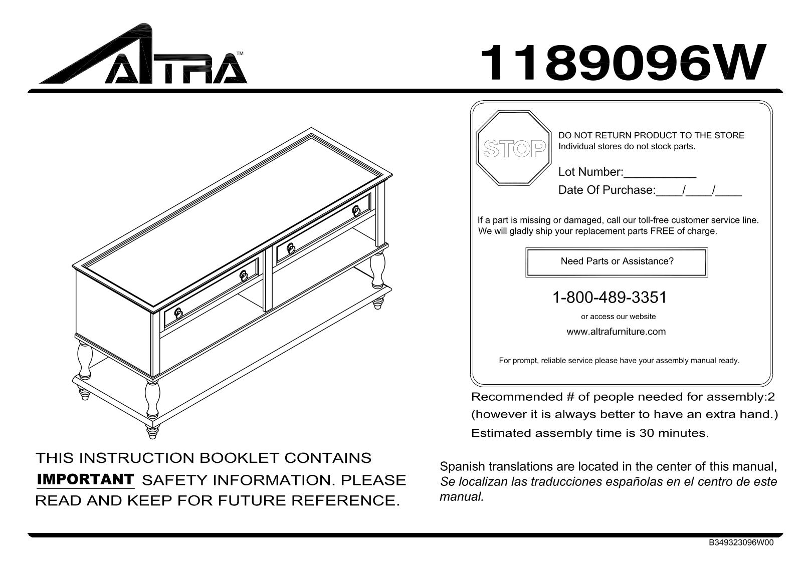 Altra Parsons Large Coffee Table Assembly Instruction