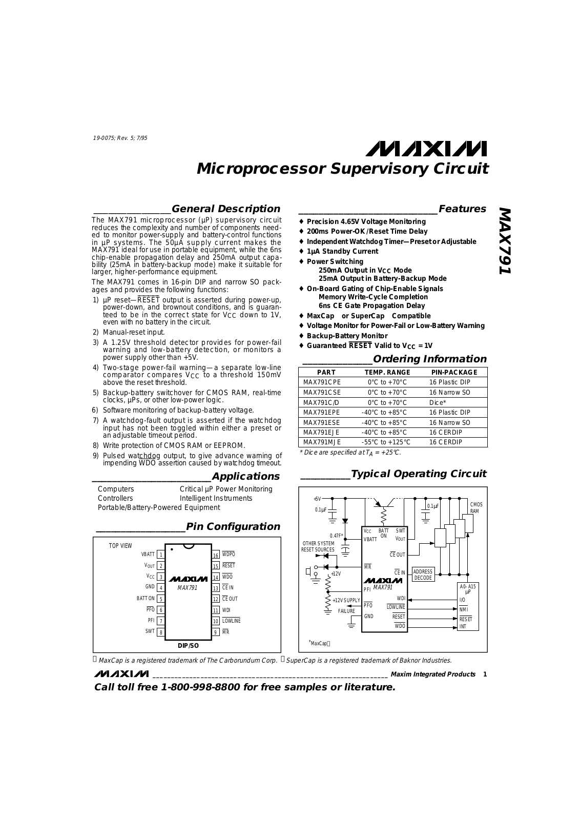 Maxim MAX791CPE, MAX791EPE, MAX791ESE, MAX791MJE, MAX791C-D Datasheet