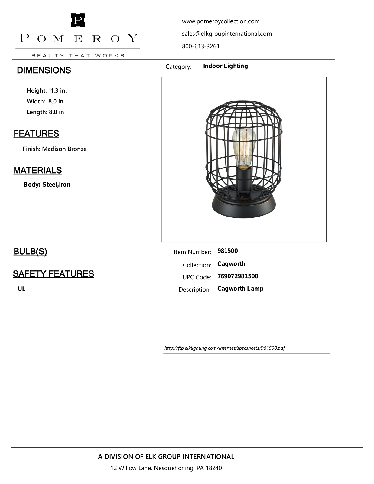 Pomeroy 981500 Product Sheet