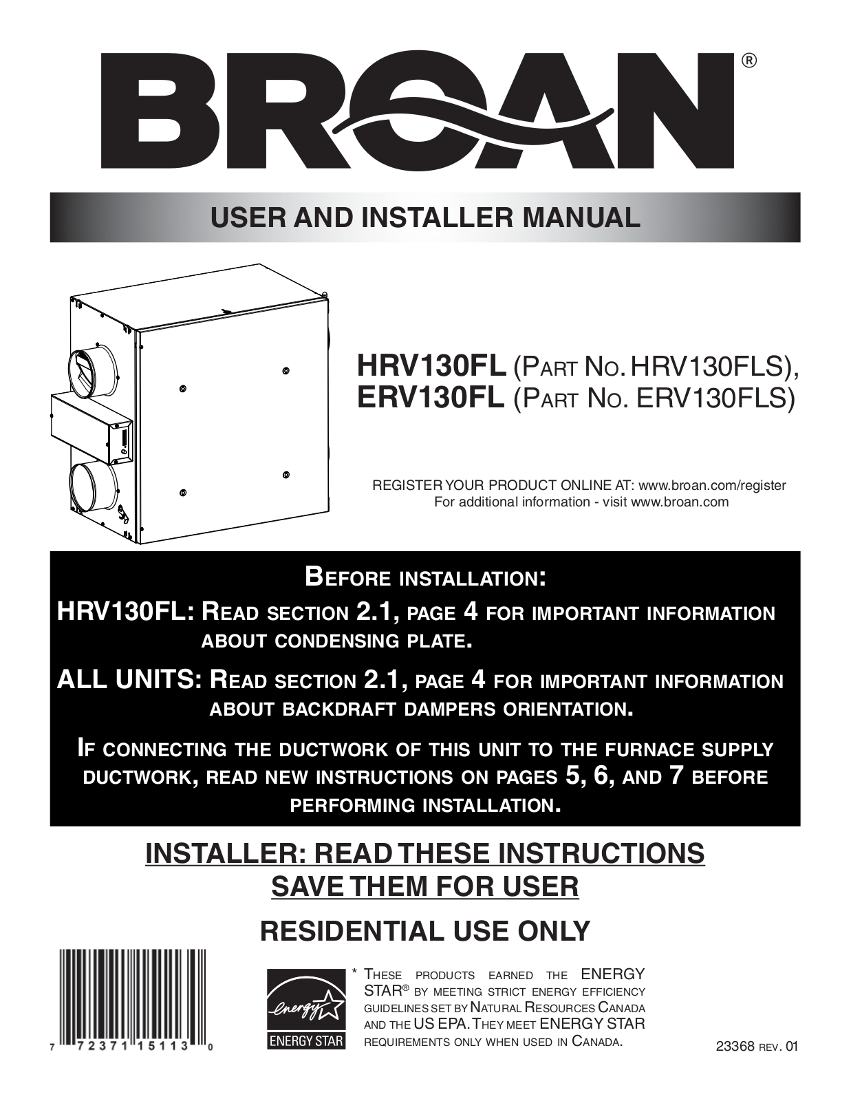 Broan HRV130FL, ERV130FL User Manual