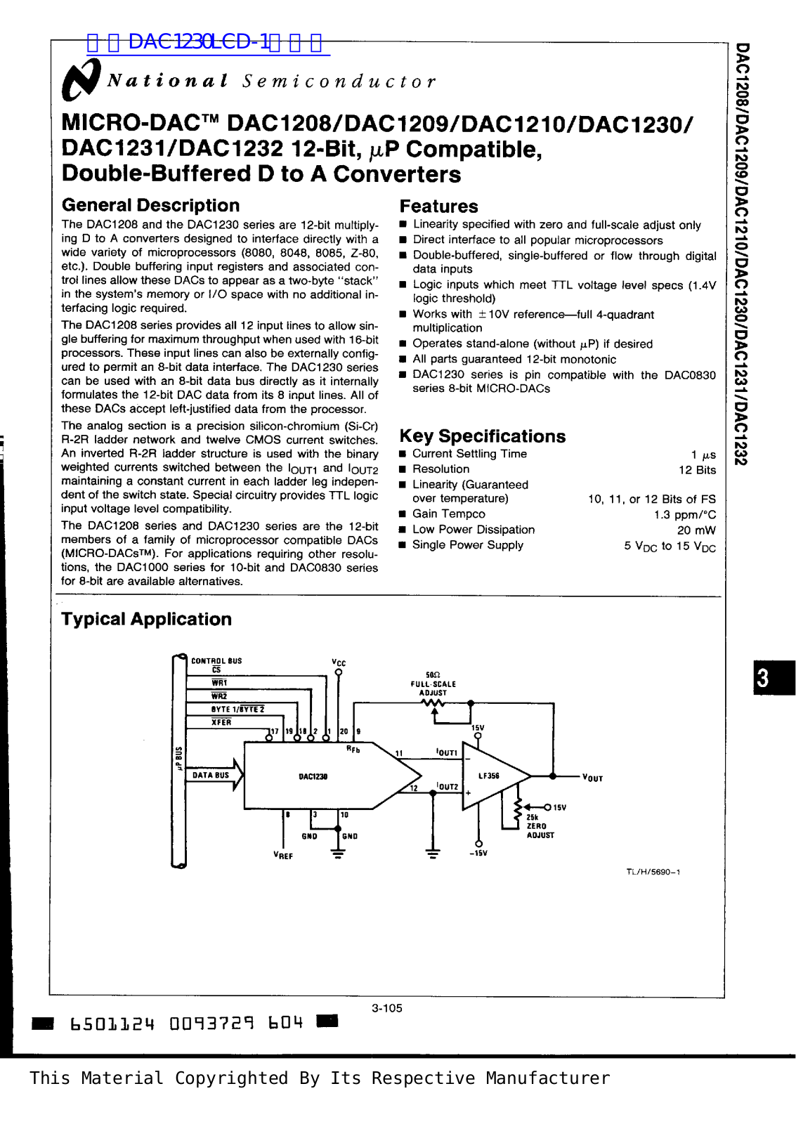 National Semiconductor DAC1208, DAC1209, DAC1210, DAC1230, DAC1231 Technical data