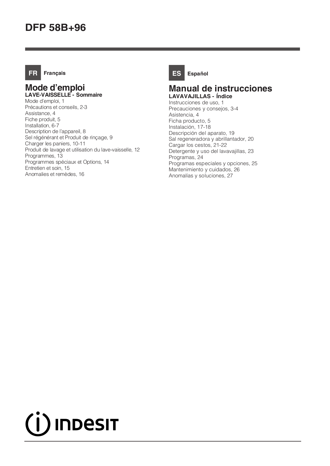 INDESIT DFP 58B+96 EU User Manual