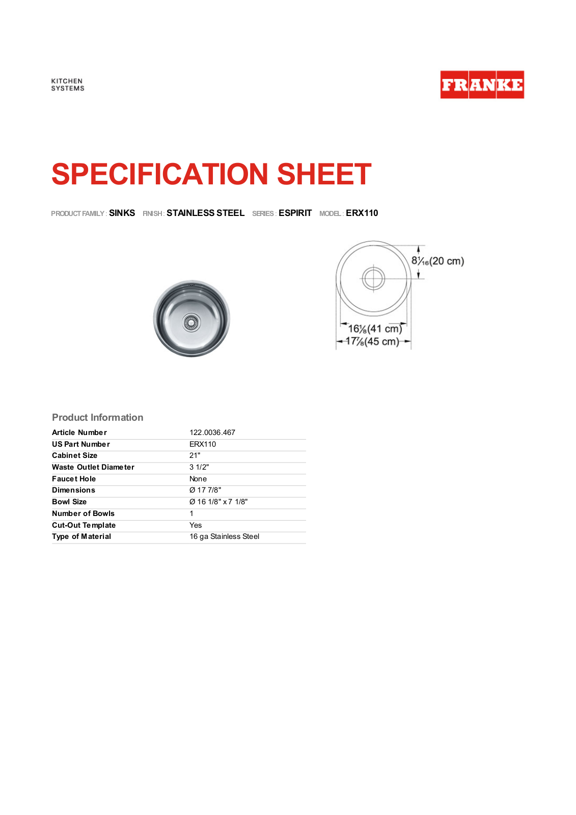 Franke Foodservice ERX110 Specification