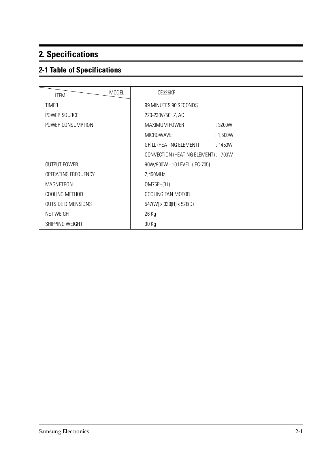 Samsung CE325 Specifications