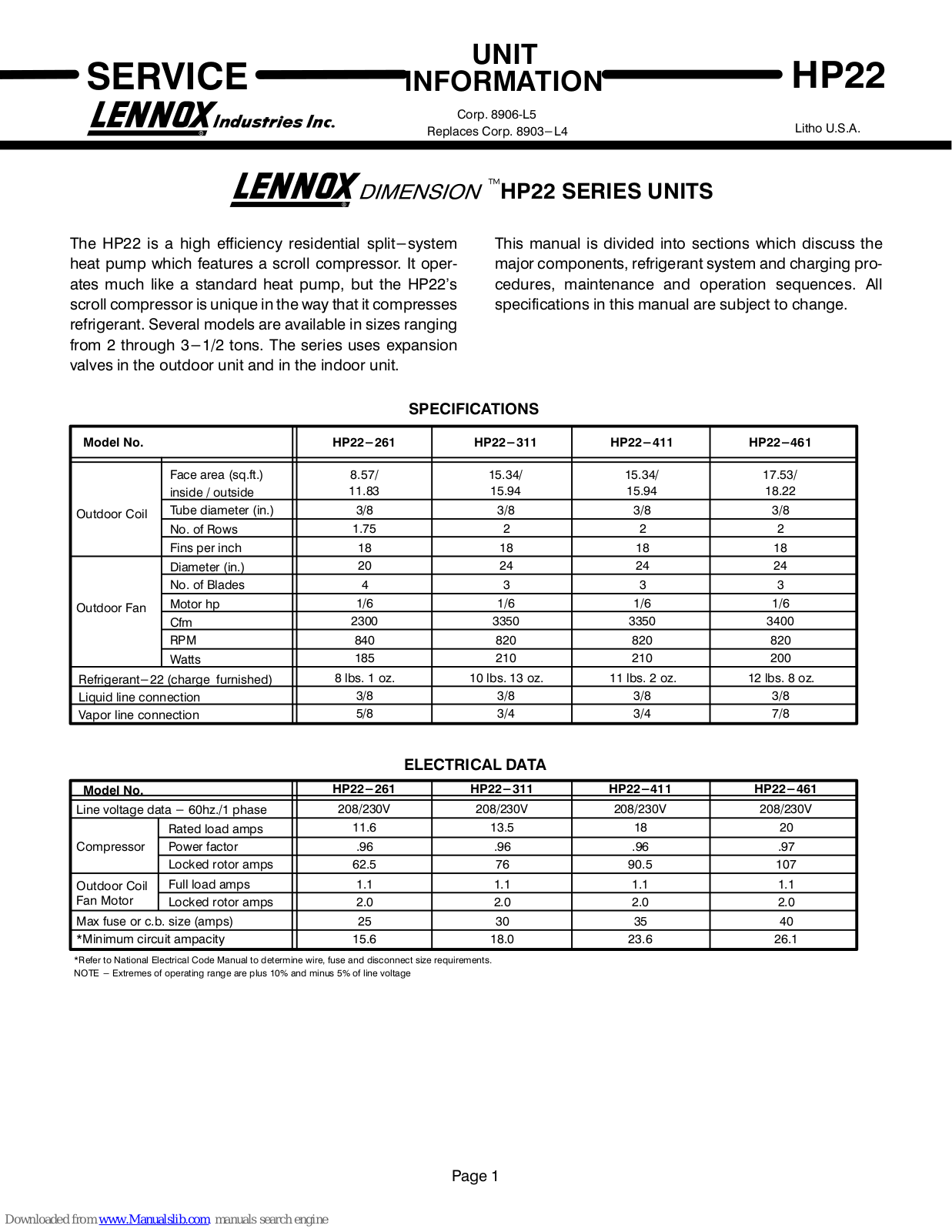 Lennox HP22-261, HP22-311, HP22-411, HP22-461 Service Manual