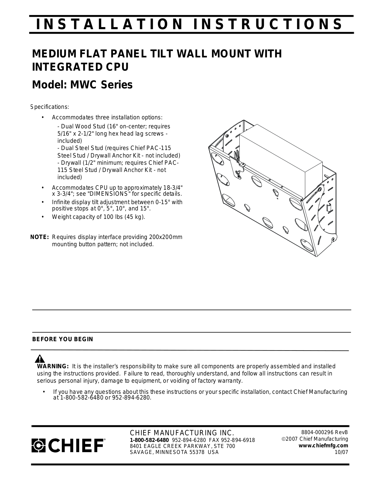 Chief Manufacturing MWC User Manual