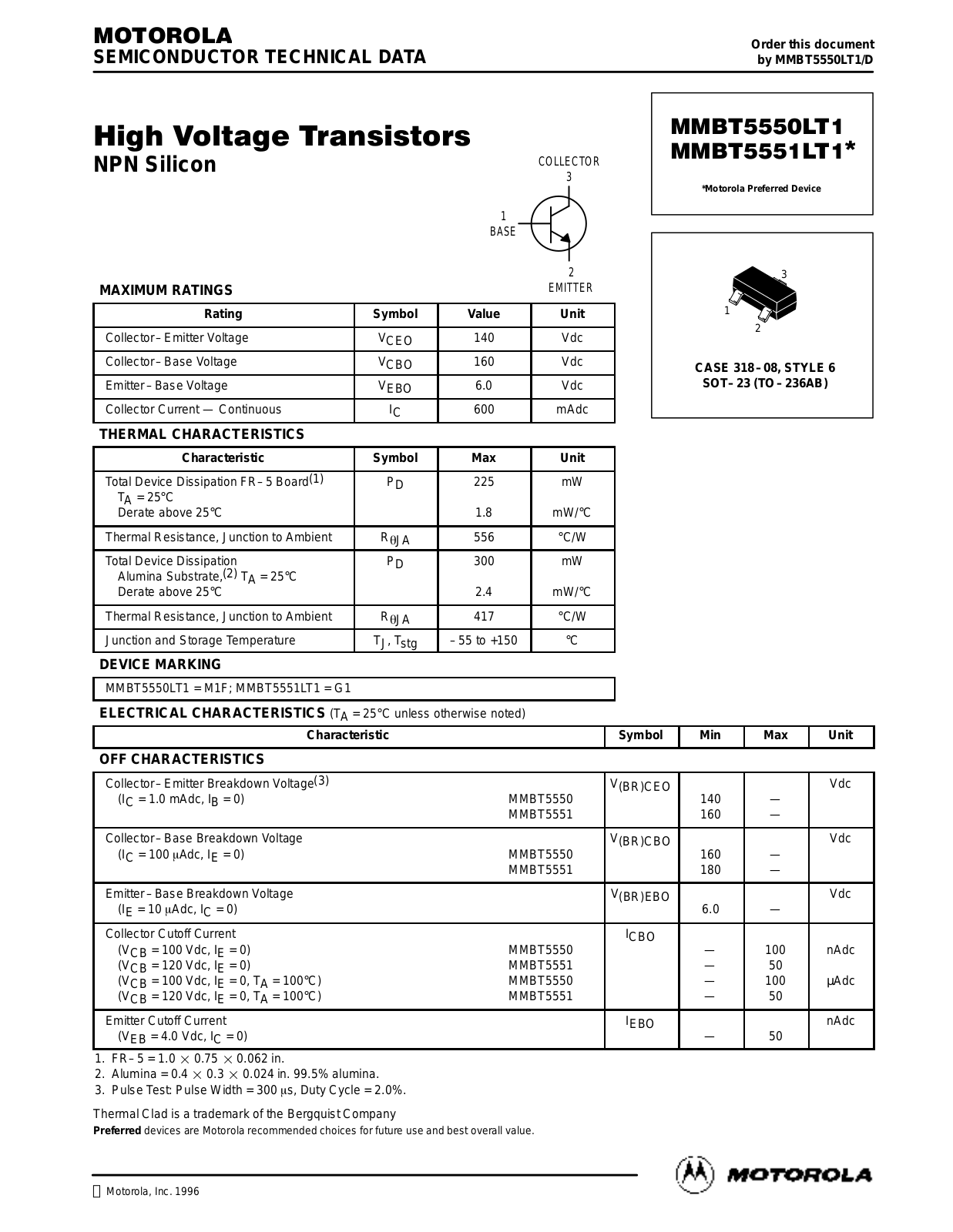 Motorola MMBT5551LT1 Datasheet