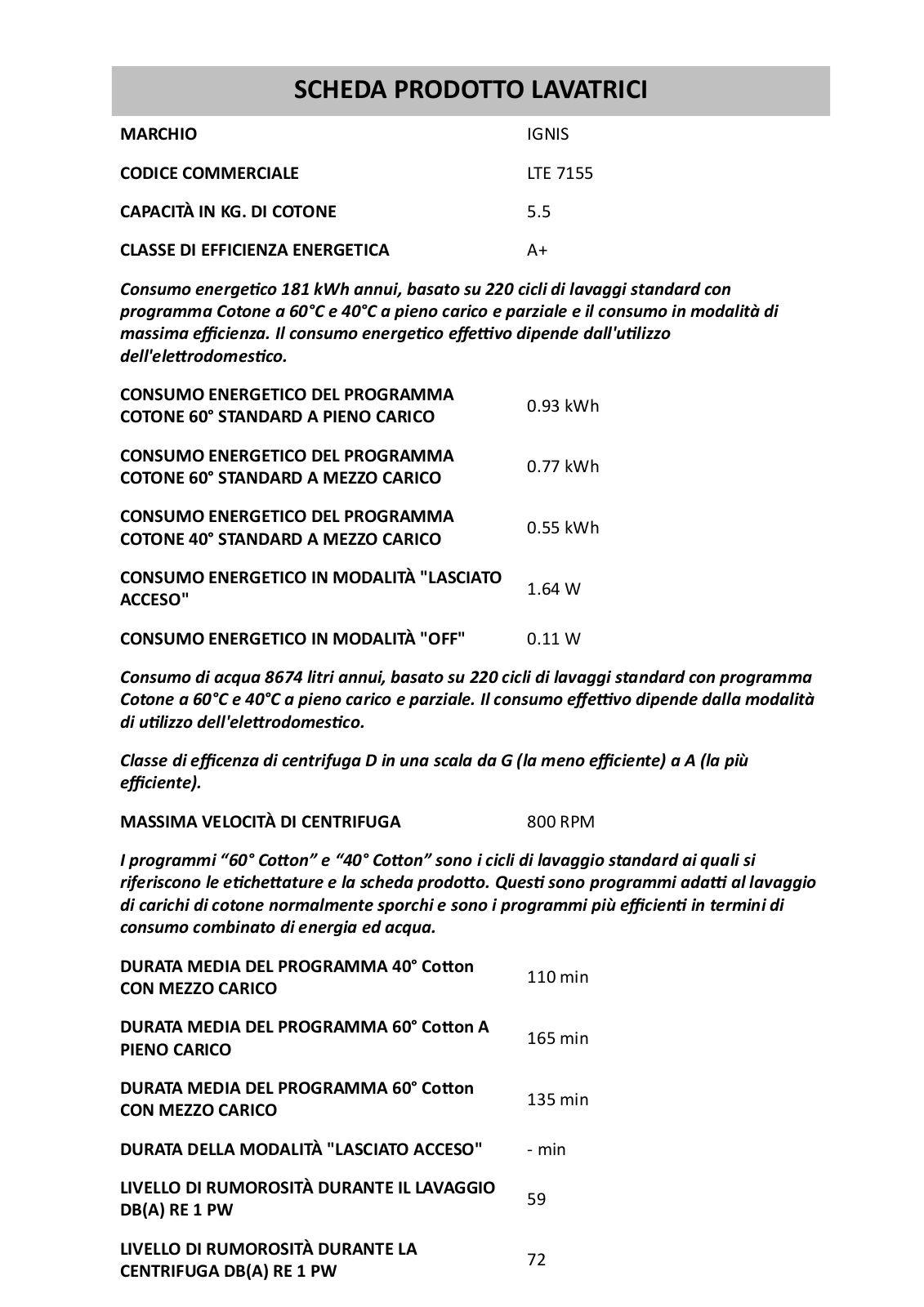 Whirlpool LTE 7155 PRODUCT SHEET