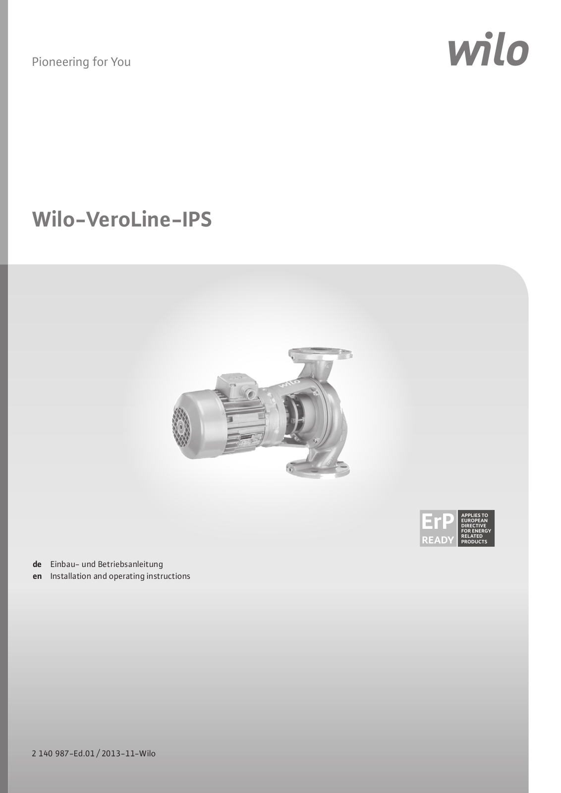 Wilo VeroLine-IPS, VeroLine-IPS 20, VeroLine-IPS 40 Installation And Operating Instructions Manual