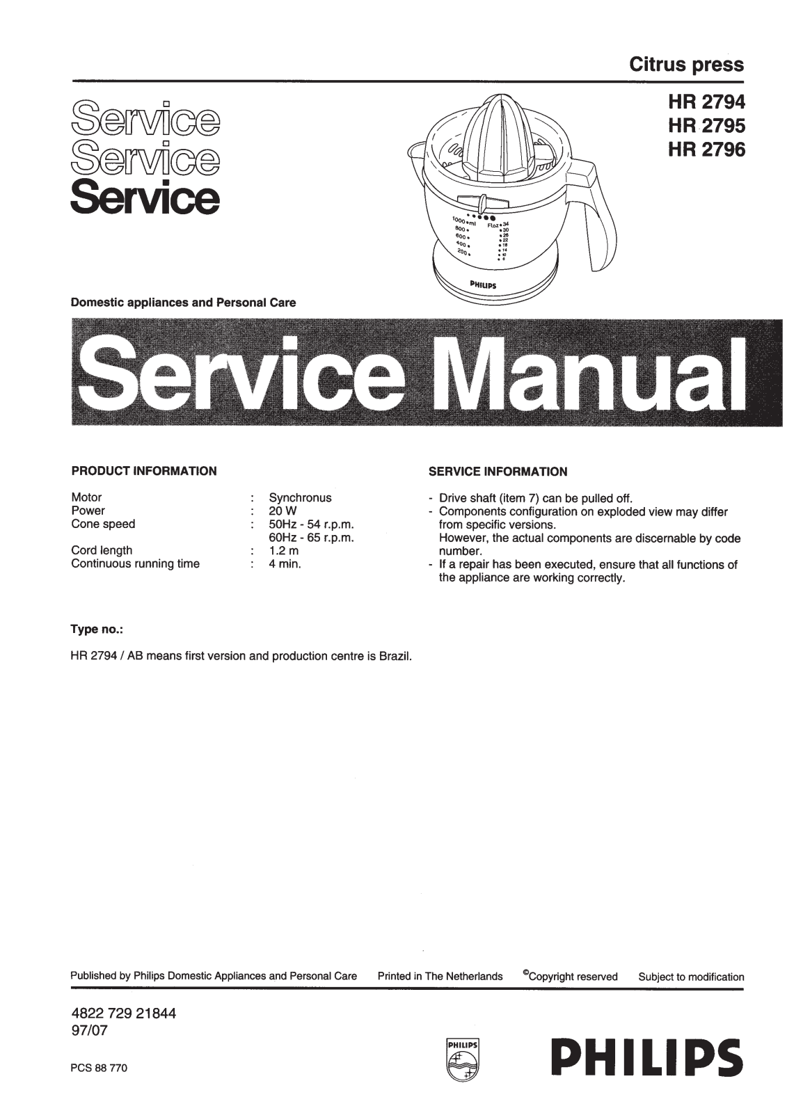 Philips HR2794 Service Manual