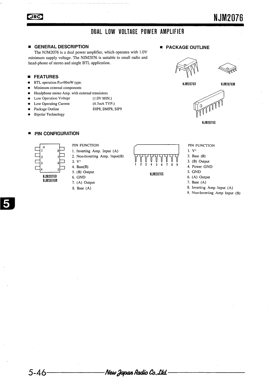 JRC NJM2076D, NJM2076S, NJM2076M Datasheet