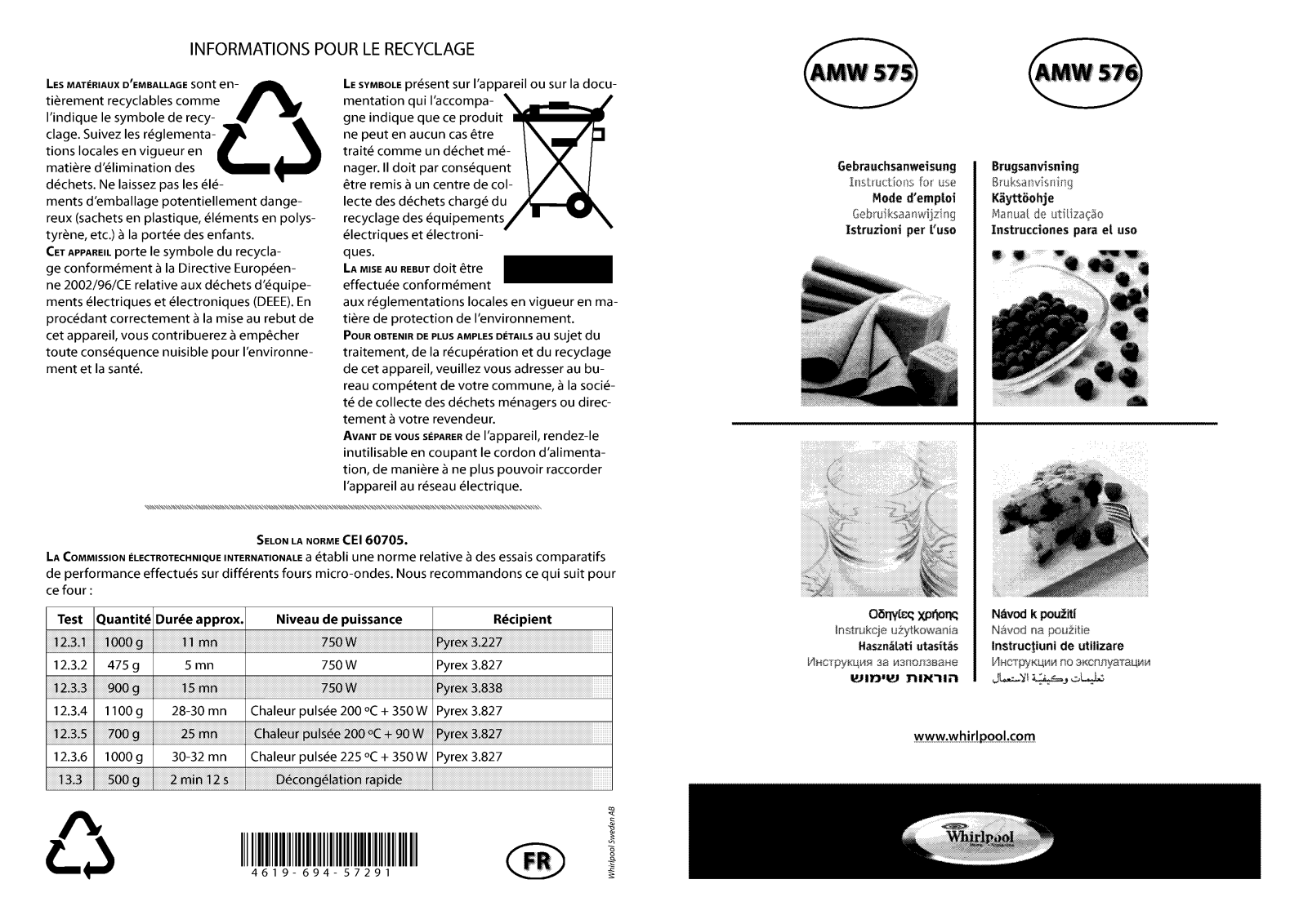 WHIRLPOOL AMW576 User Manual