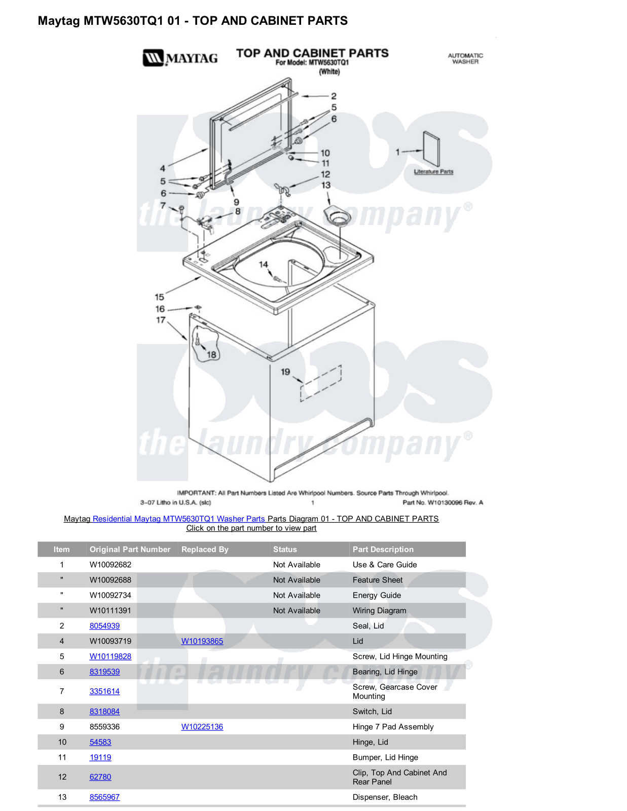 Maytag MTW5630TQ1 Parts Diagram