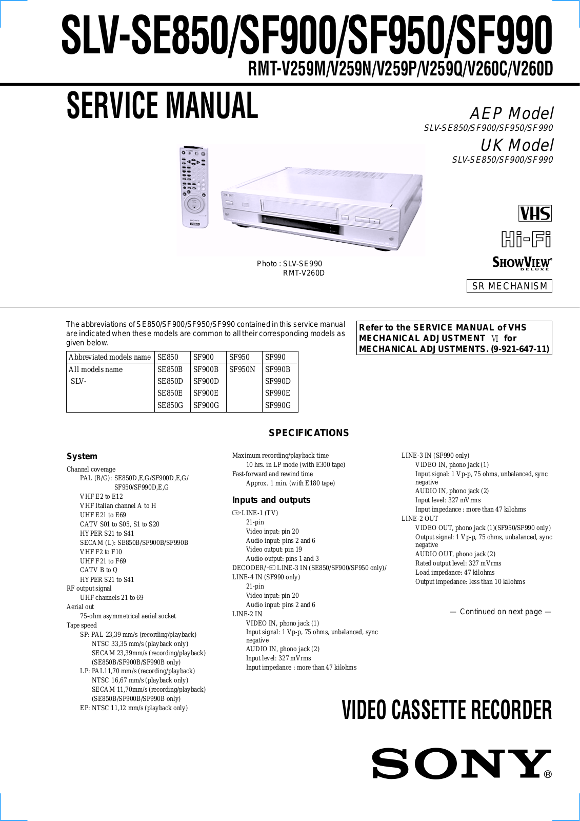 Sony SLV-SE850, SLV-SF900, SLV-SF950, SLV-SF990 Service manual