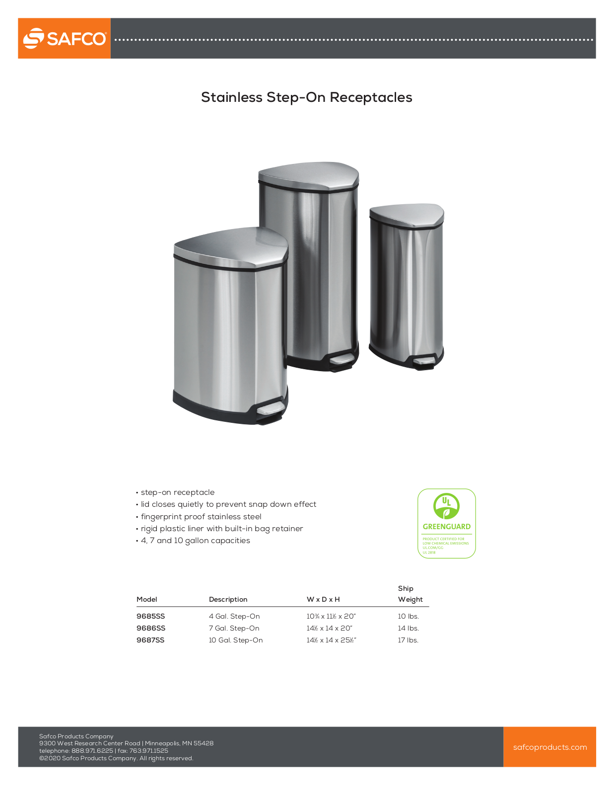 Safco 9686SS, 9687SS, 9685SS User Manual