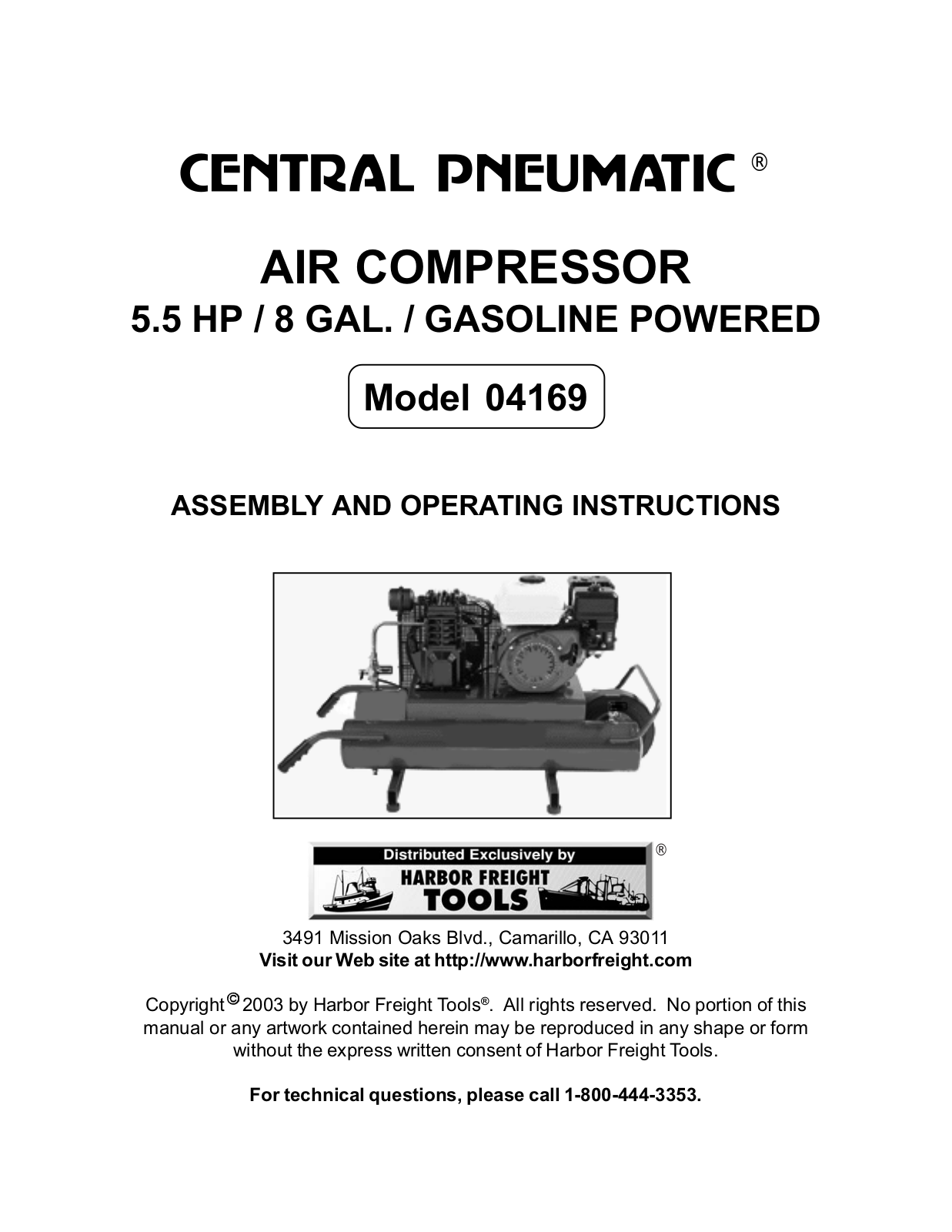 Central Pneumatic 04169 Assembly And Operating Instructions Manual