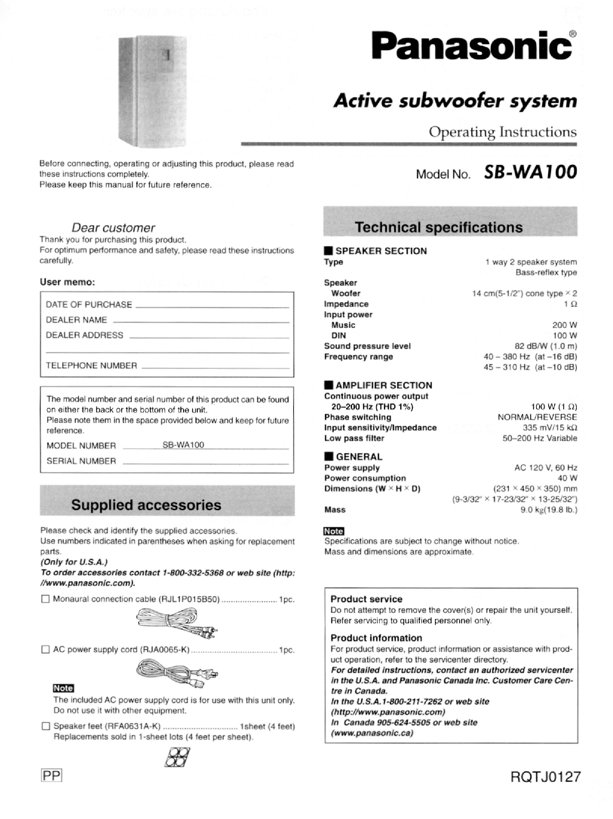 Panasonic SB-WA100 User Manual