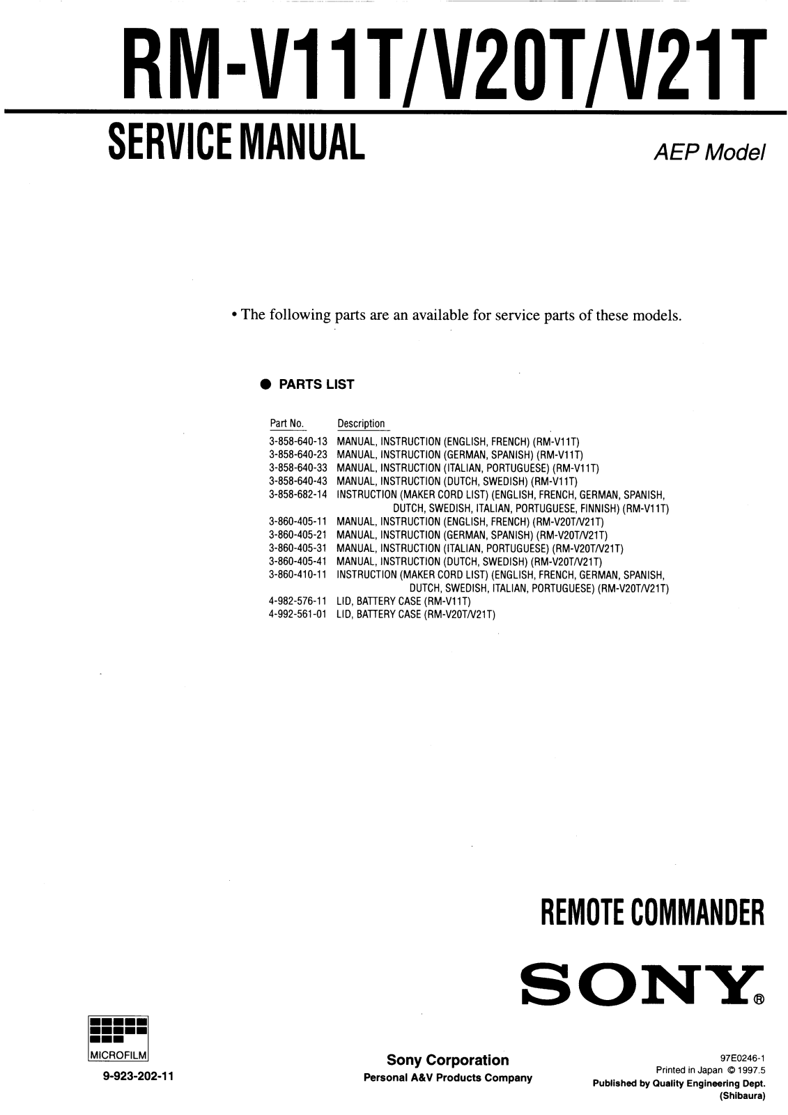 Sony RM-V11T, RM-V20T, RM-V21T Service Manual