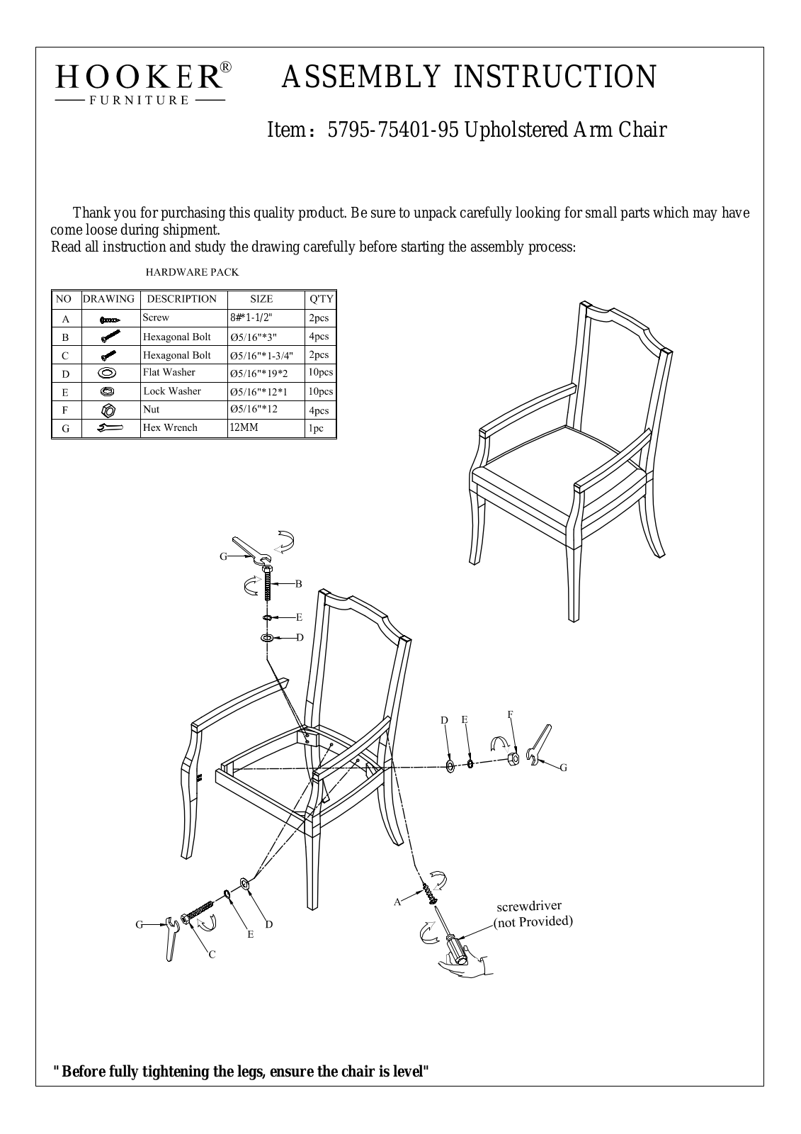 Hooker Furniture 57957540195 Assembly Guide