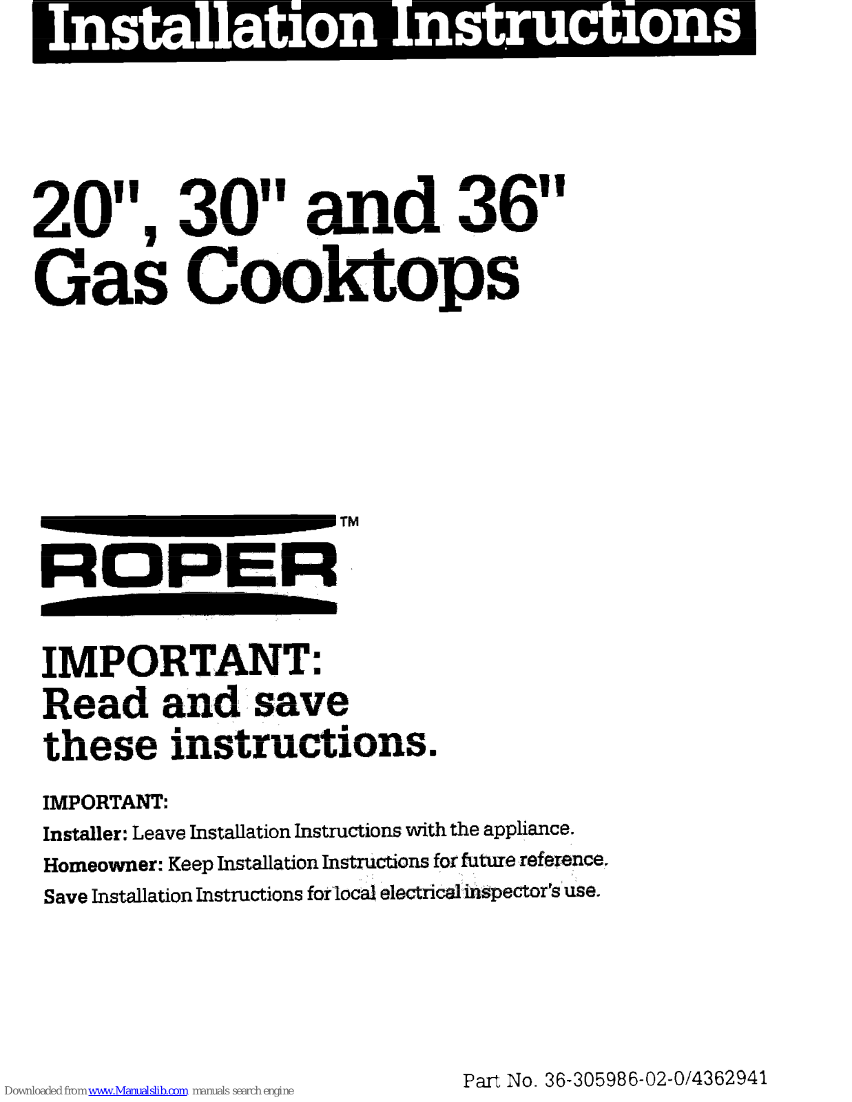 Roper Gas Cooktops Installation Instructions Manual - ManualMachine.com