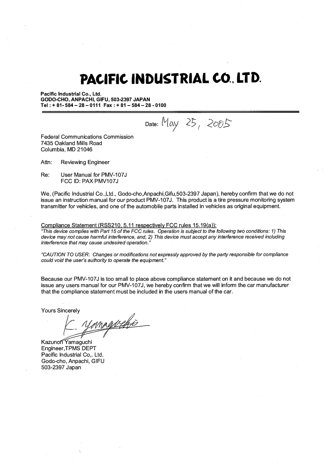 Pacific PMV107J User Manual