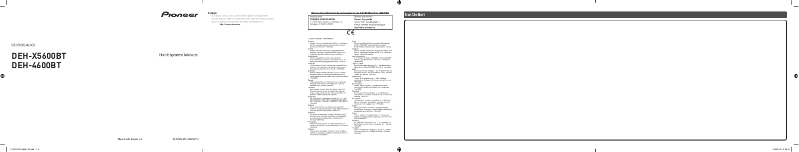 Pioneer DEH-X5600BT Quickstart manual